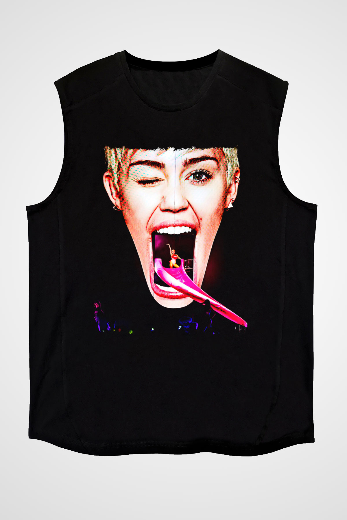 Miley Cyrus Baskılı Unisex Siyah Kolsuz Tişört - Tshirt