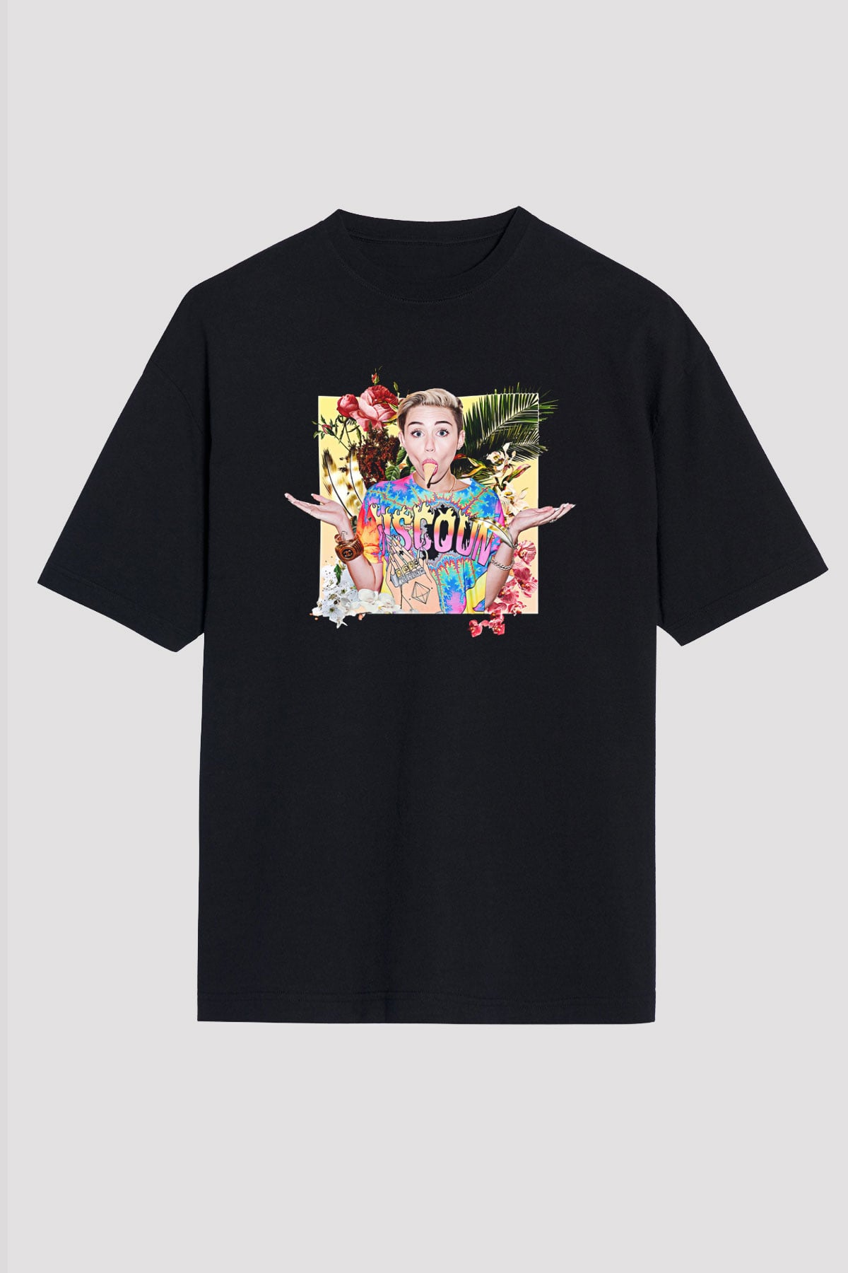 Miley Cyrus Baskılı Unisex Siyah Oversize Tişört - Tshirt