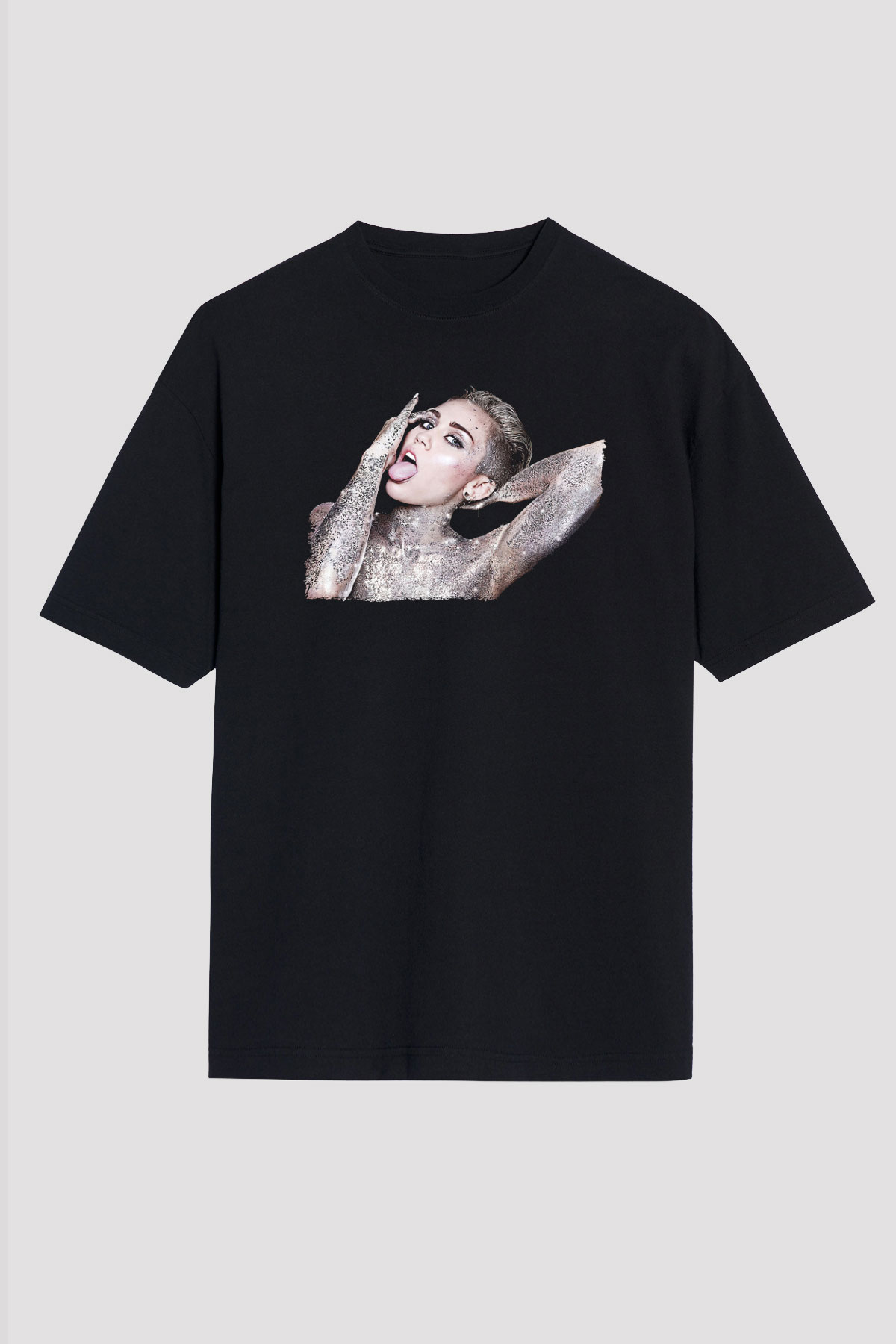 Miley Cyrus Baskılı Unisex Siyah Oversize Tişört - Tshirt