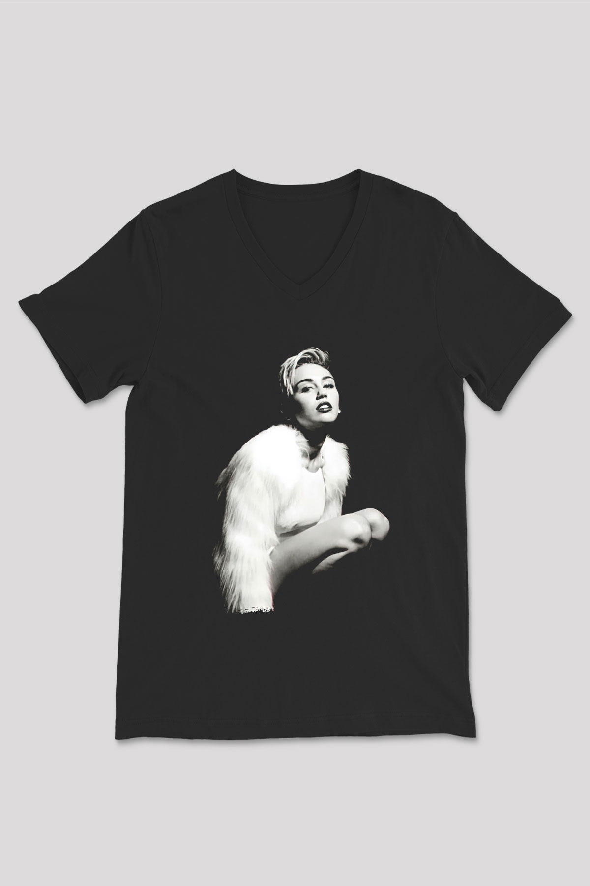 Miley Cyrus Baskılı Unisex Siyah V Yaka Tişört - Tshirt
