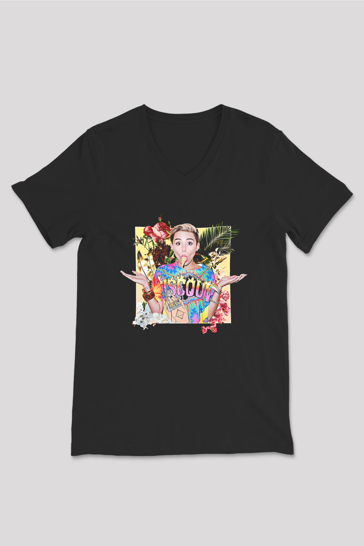 Miley Cyrus Baskılı Unisex Siyah V Yaka Tişört - Tshirt