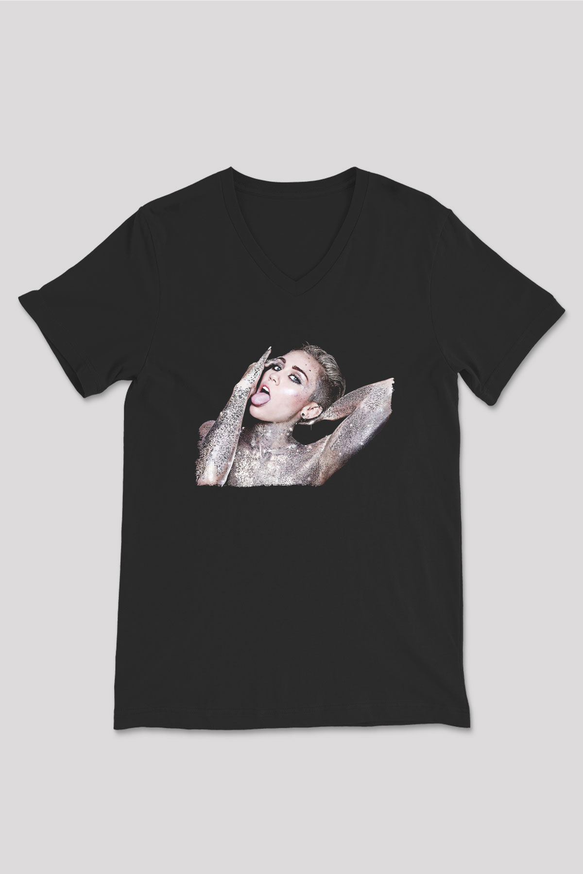 Miley Cyrus Baskılı Unisex Siyah V Yaka Tişört - Tshirt