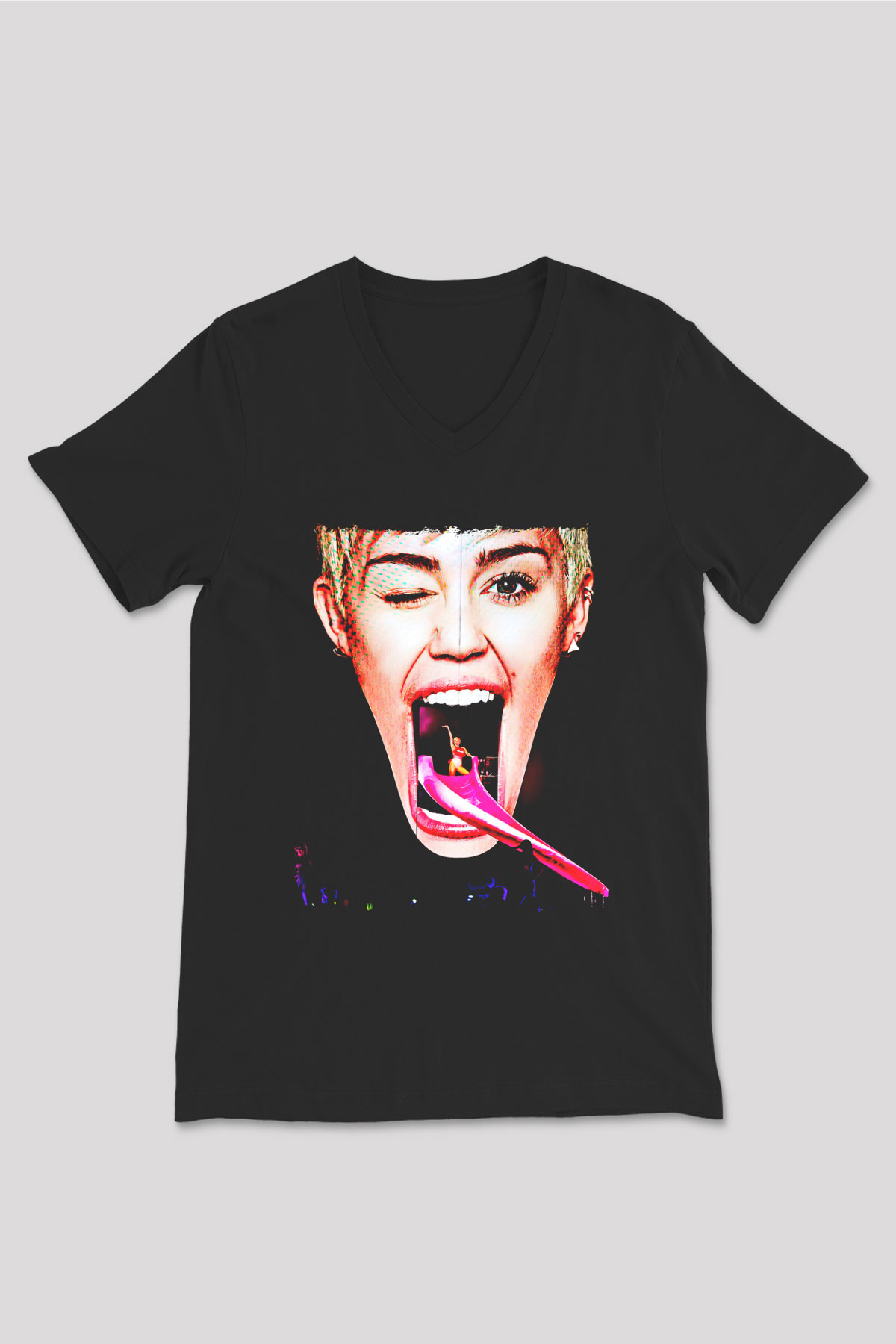 Miley Cyrus Baskılı Unisex Siyah V Yaka Tişört - Tshirt