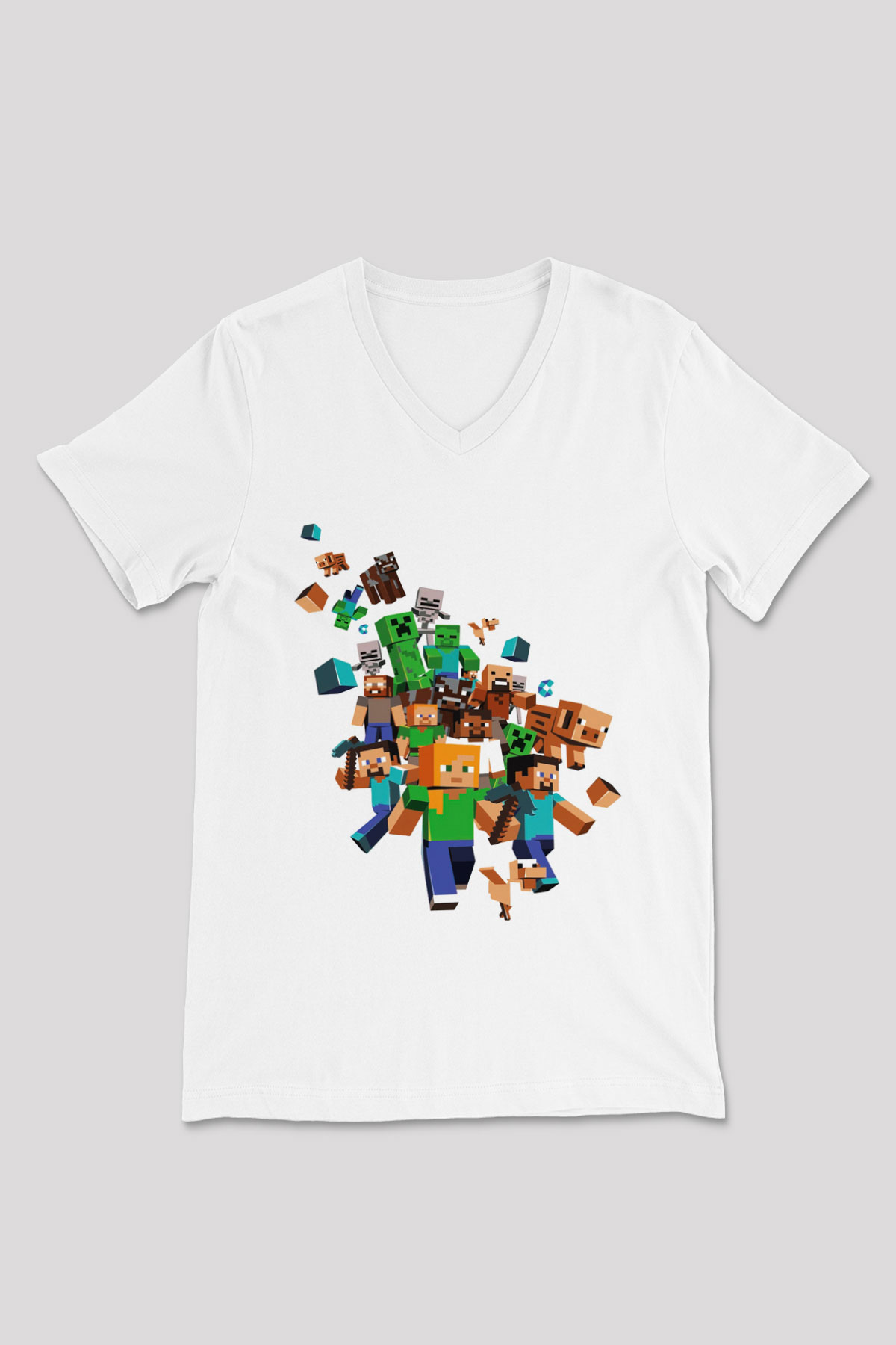 Minecraft Beyaz Unisex V Yaka Tişört T-Shirt