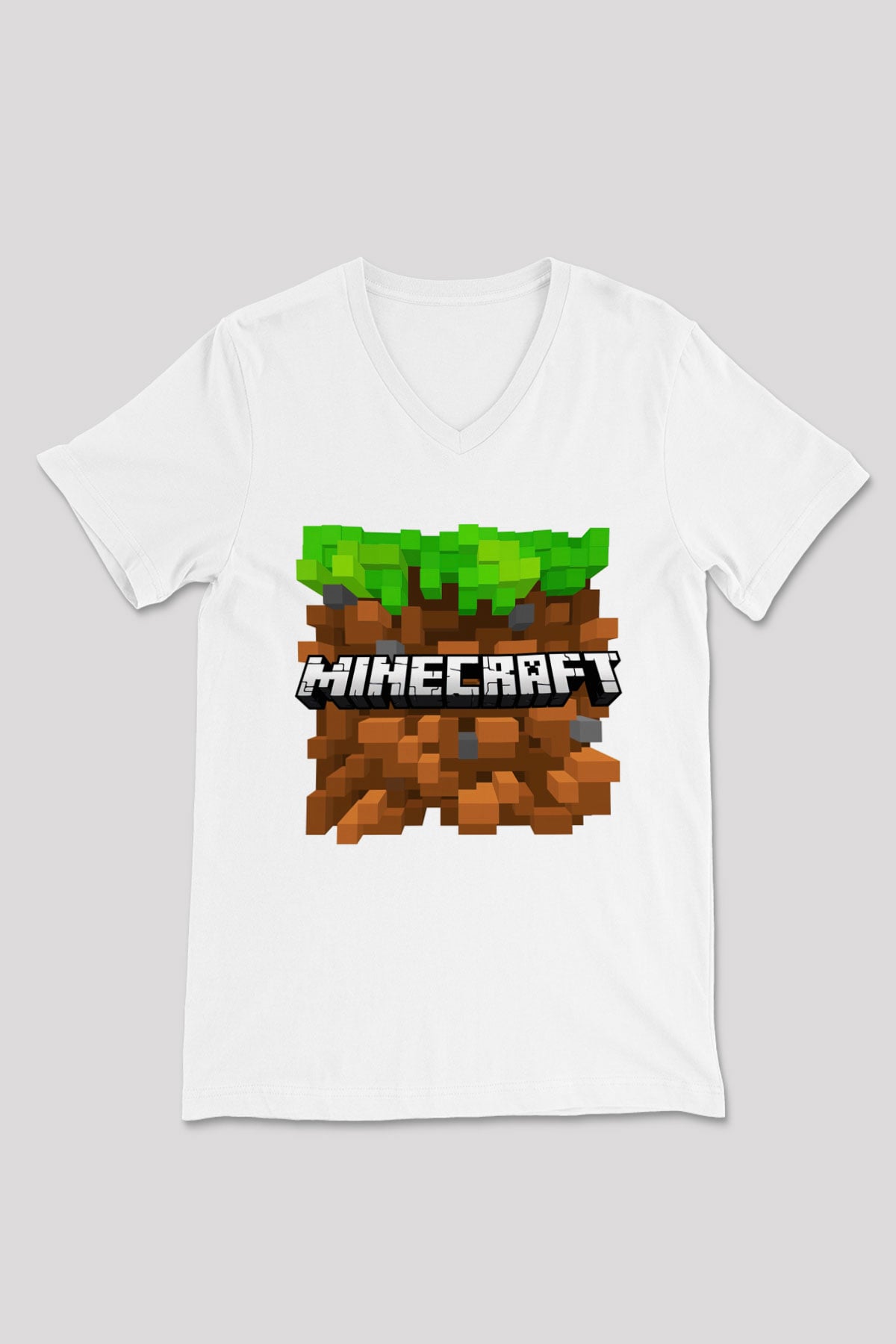 Minecraft Beyaz Unisex V Yaka Tişört T-Shirt