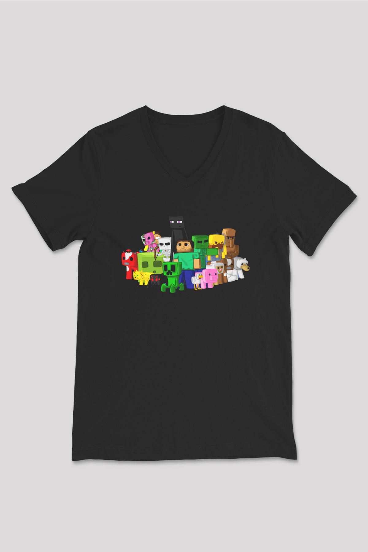 Minecraft Siyah Unisex V Yaka Tişört