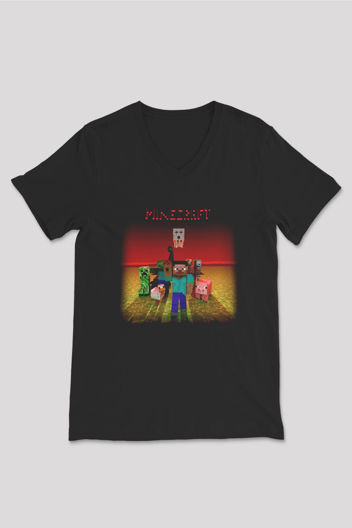 Minecraft Siyah Unisex V Yaka Tişört T-Shirt