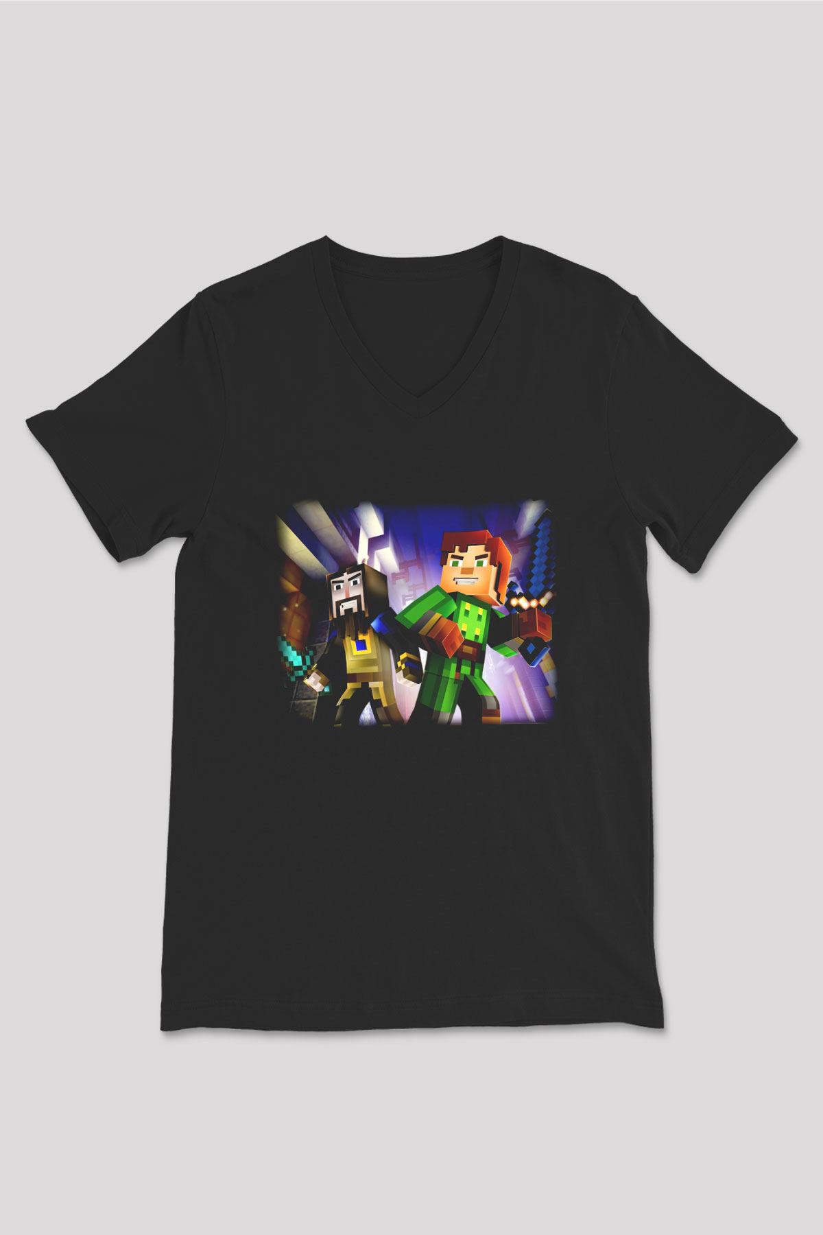 Minecraft Siyah Unisex V Yaka Tişört T-Shirt