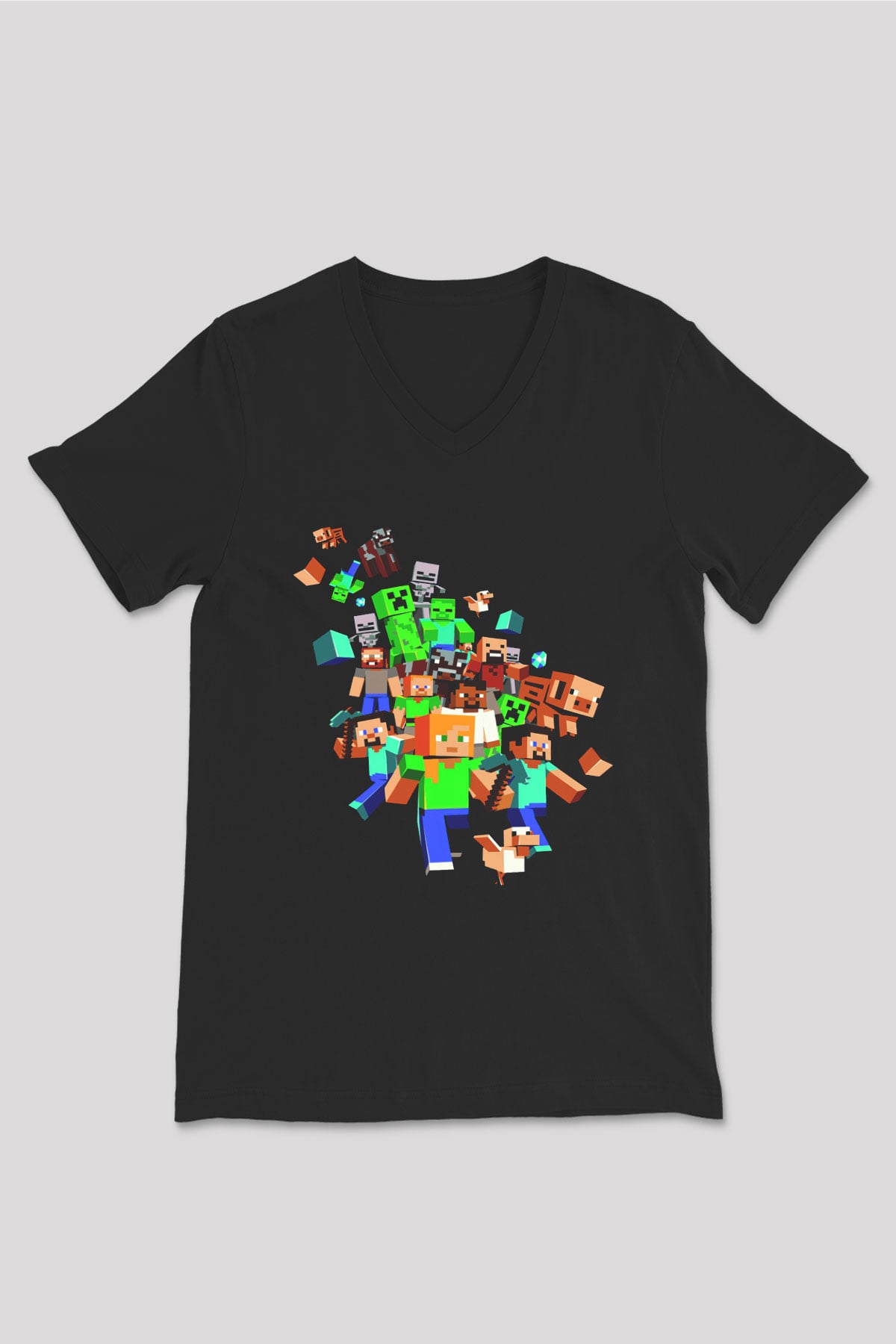 Minecraft Siyah Unisex V Yaka Tişört T-Shirt