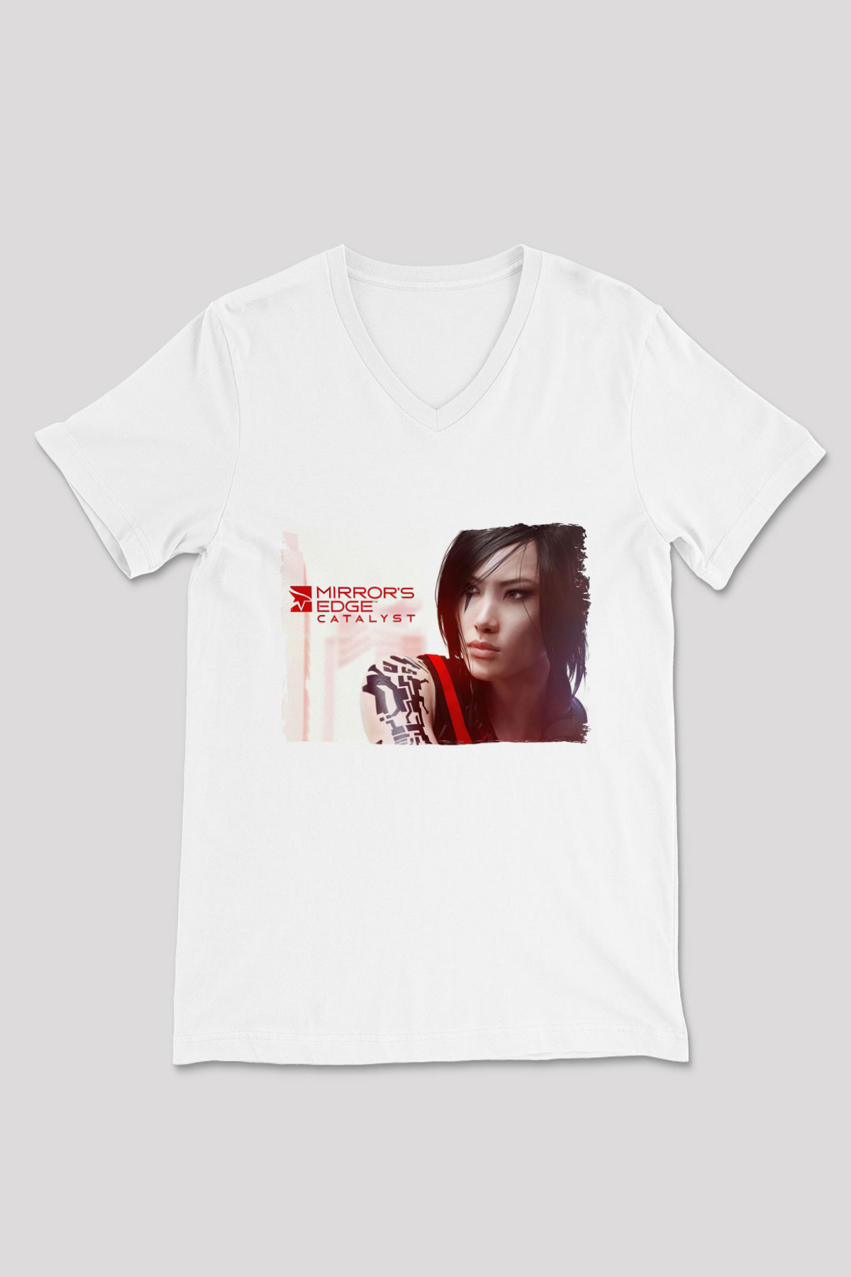 Mirror's Edge Beyaz Unisex V Yaka Tişört