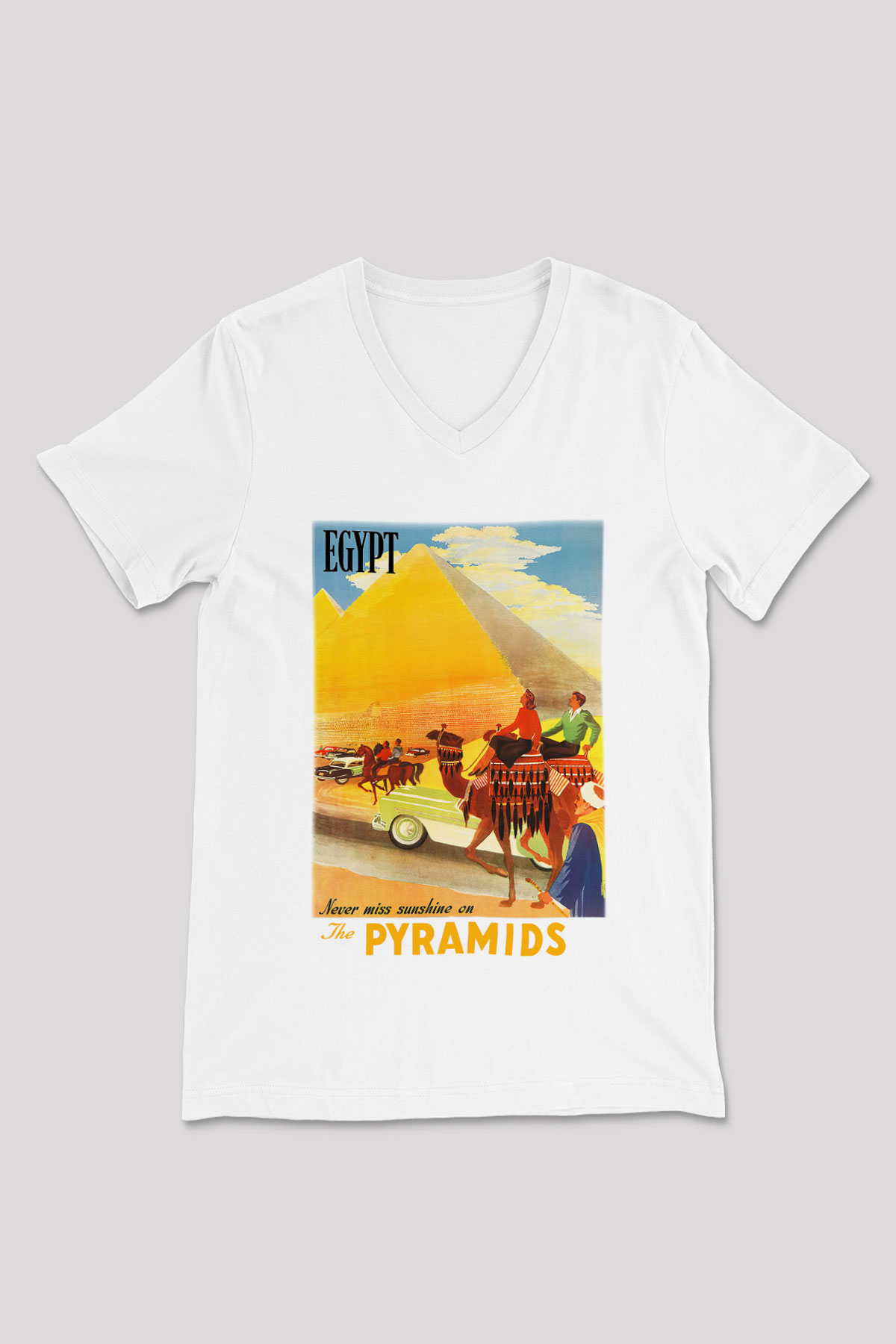 Mısır Piramitleri Beyaz Unisex V Yaka Tişört T-Shirt