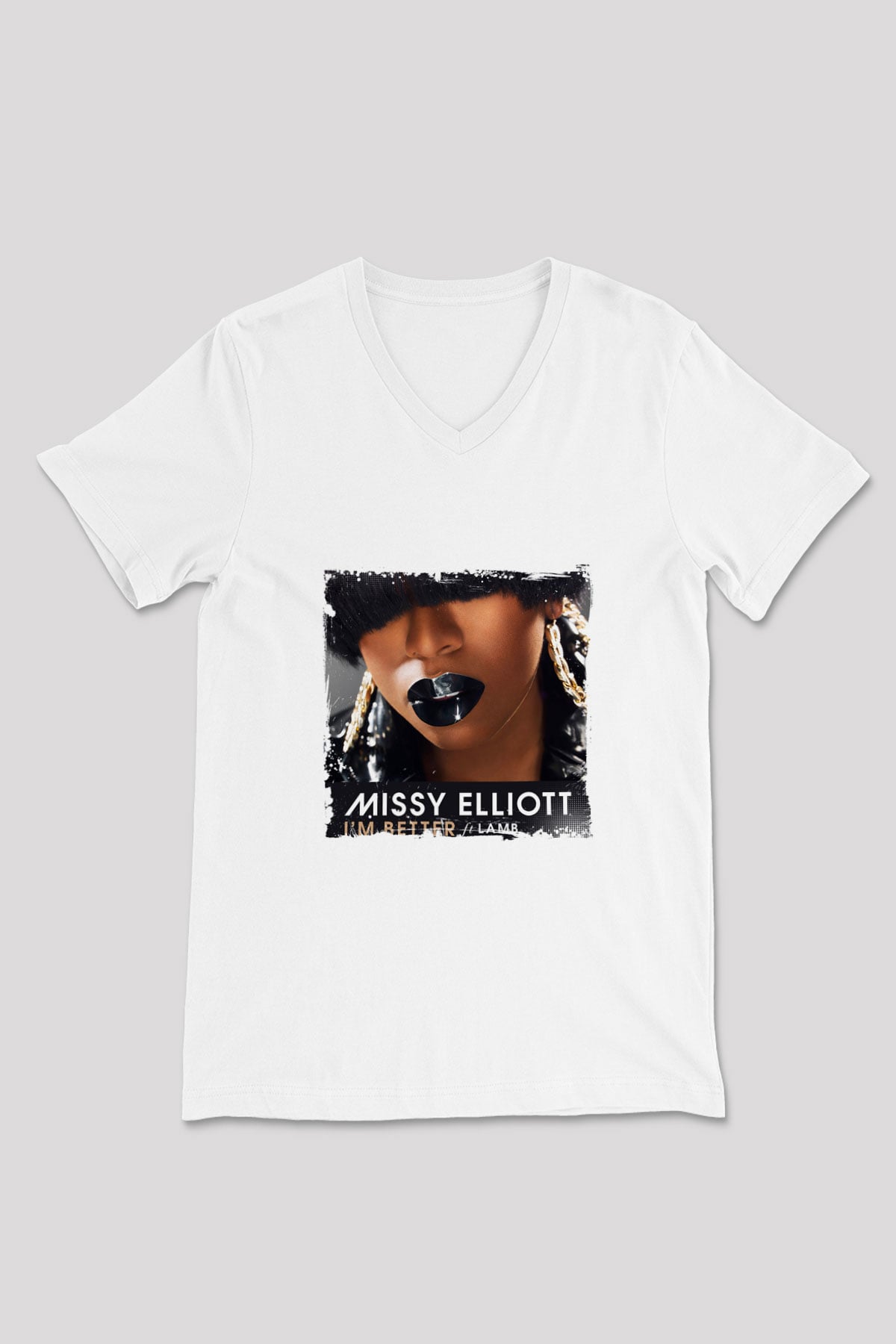 Missy Elliott Baskılı Beyaz V Yaka Unisex Tişört