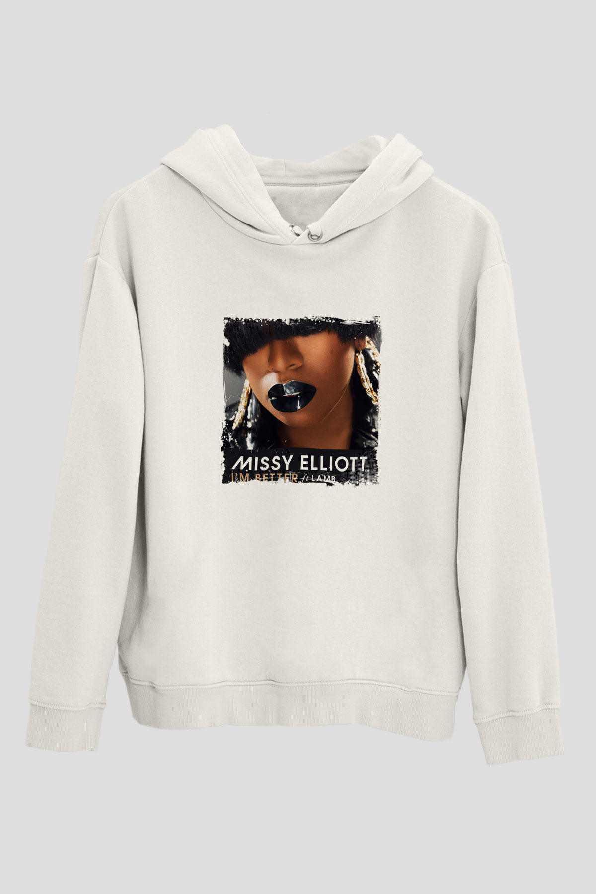 Missy Elliott Baskılı Unisex Beyaz Kapüşonlu Sweatshirt