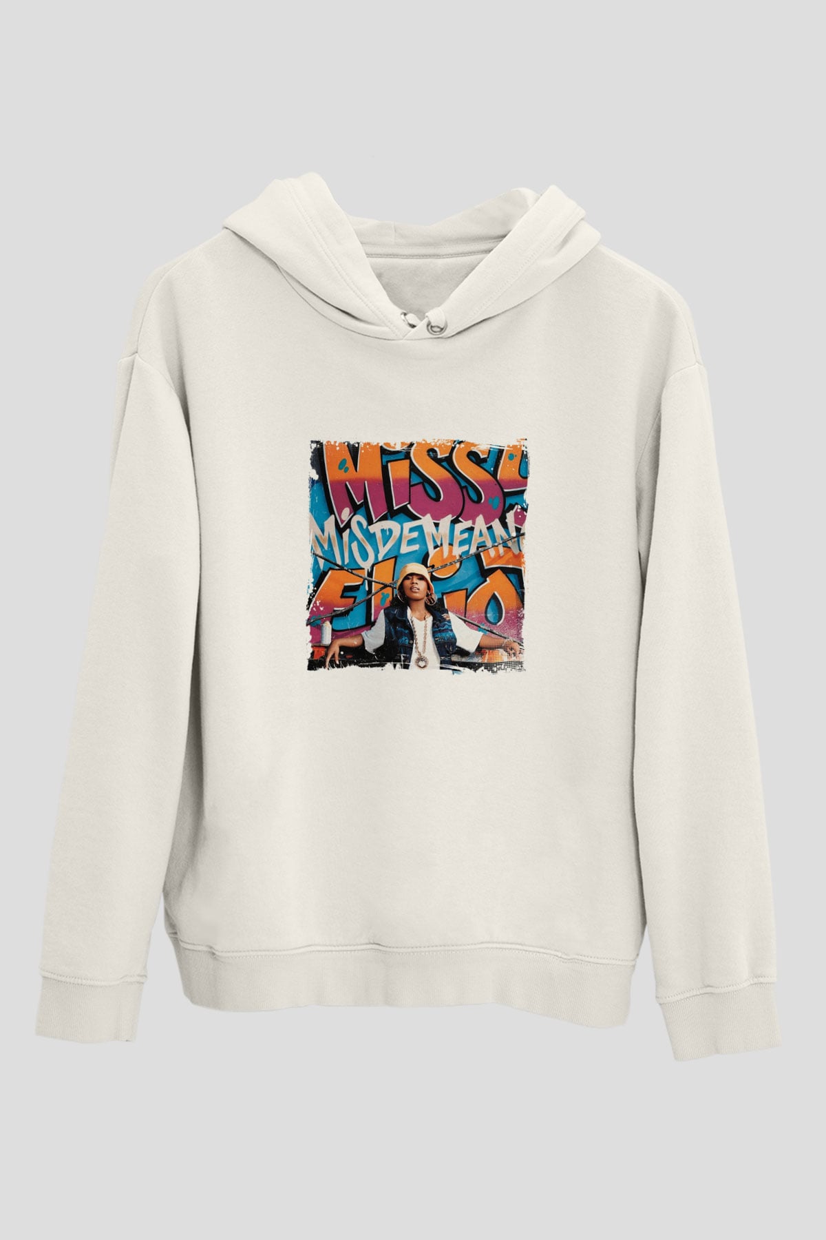 Missy Elliott Baskılı Unisex Beyaz Kapüşonlu Sweatshirt