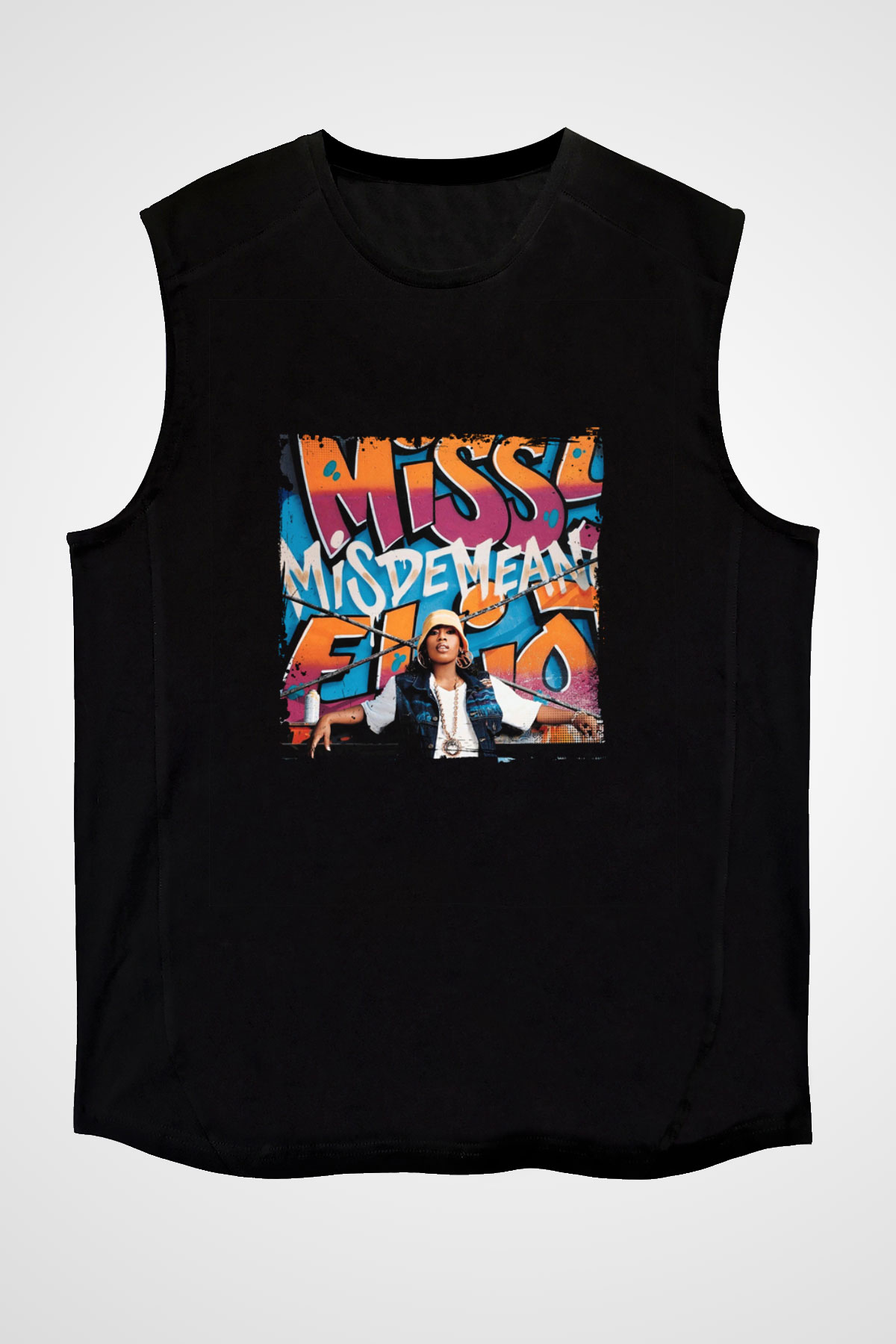 Missy Elliott Baskılı Unisex Siyah Kolsuz Tişört