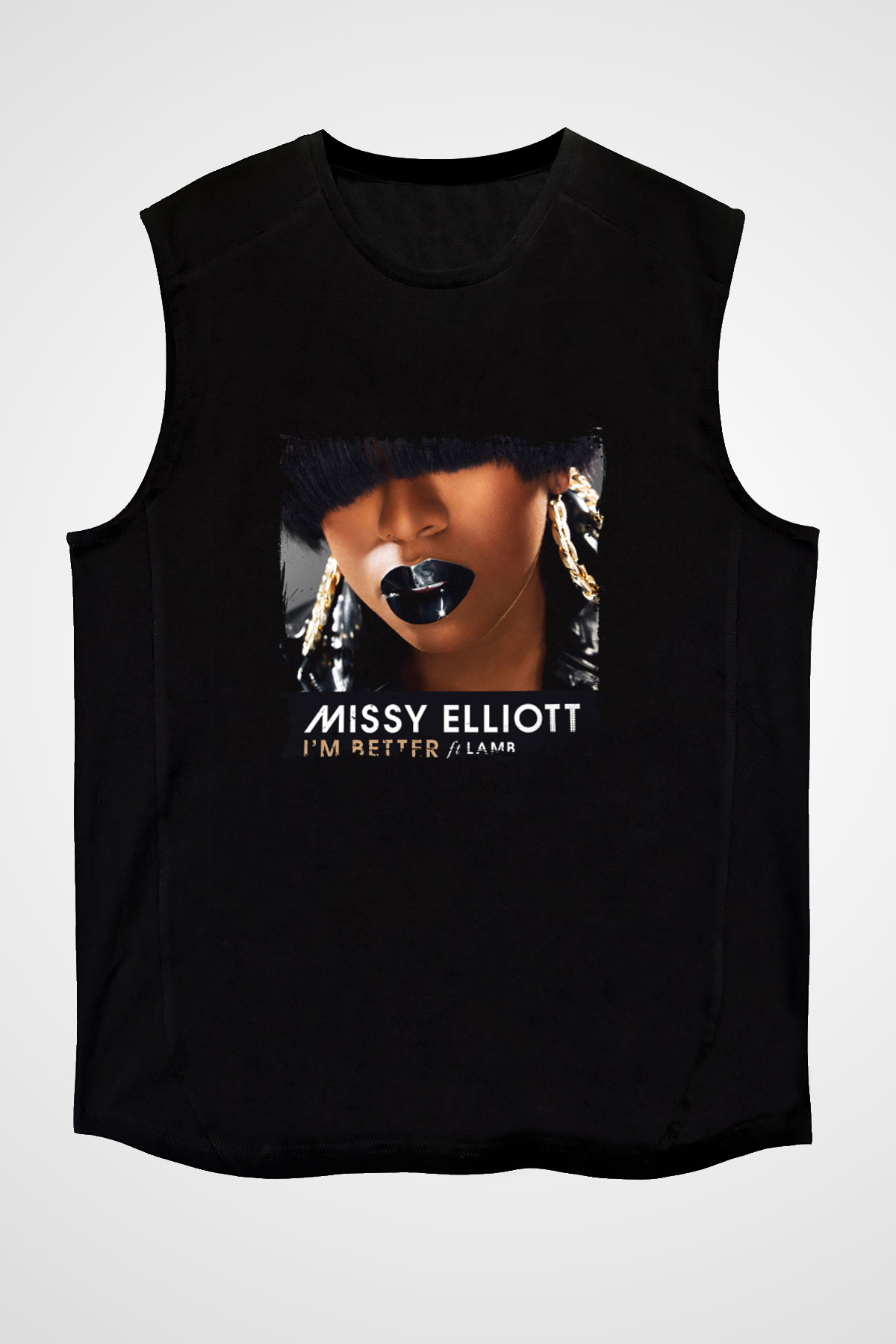 Missy Elliott Baskılı Unisex Siyah Kolsuz Tişört