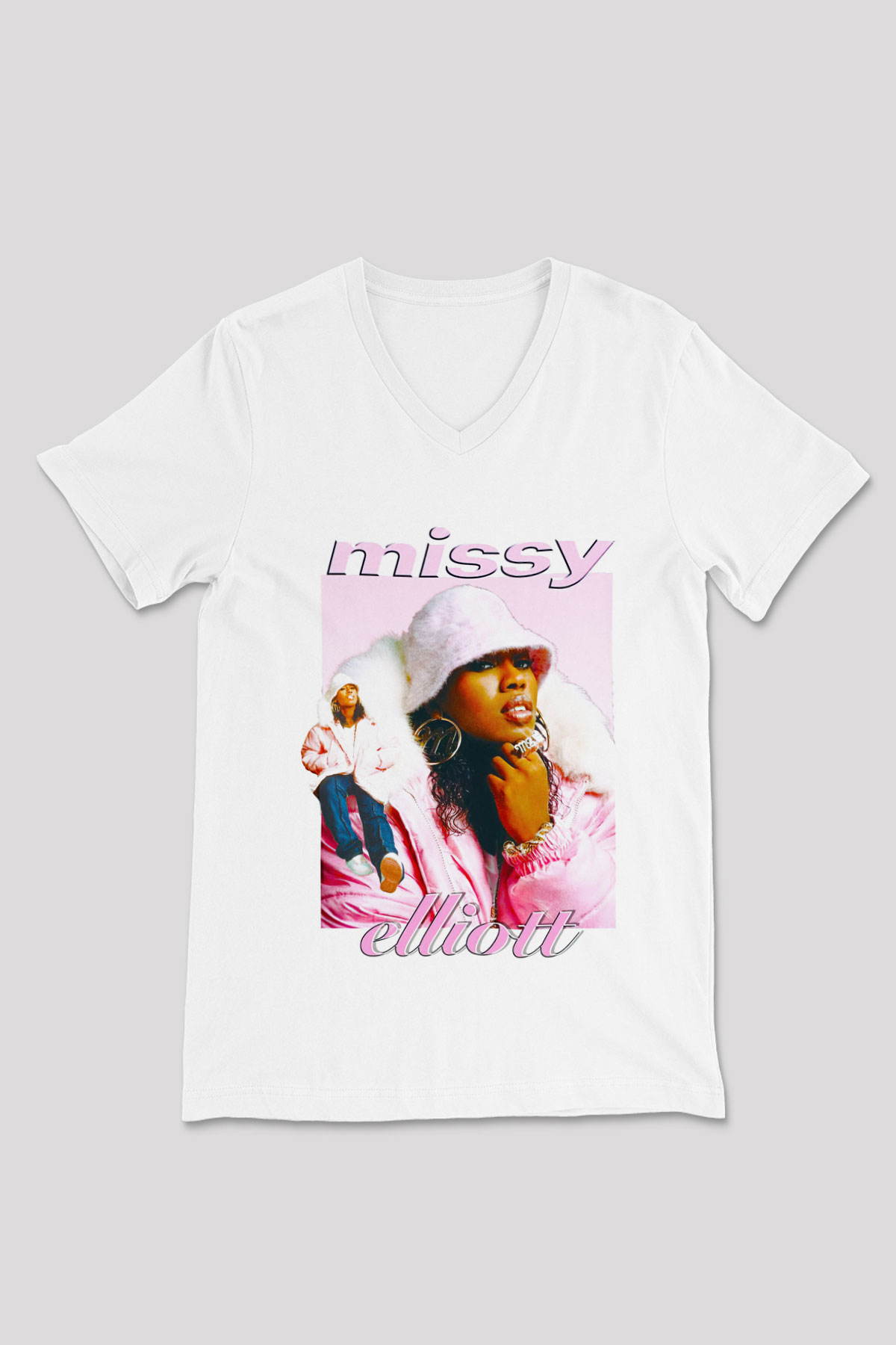 Missy Elliott Beyaz Unisex V Yaka Tişört