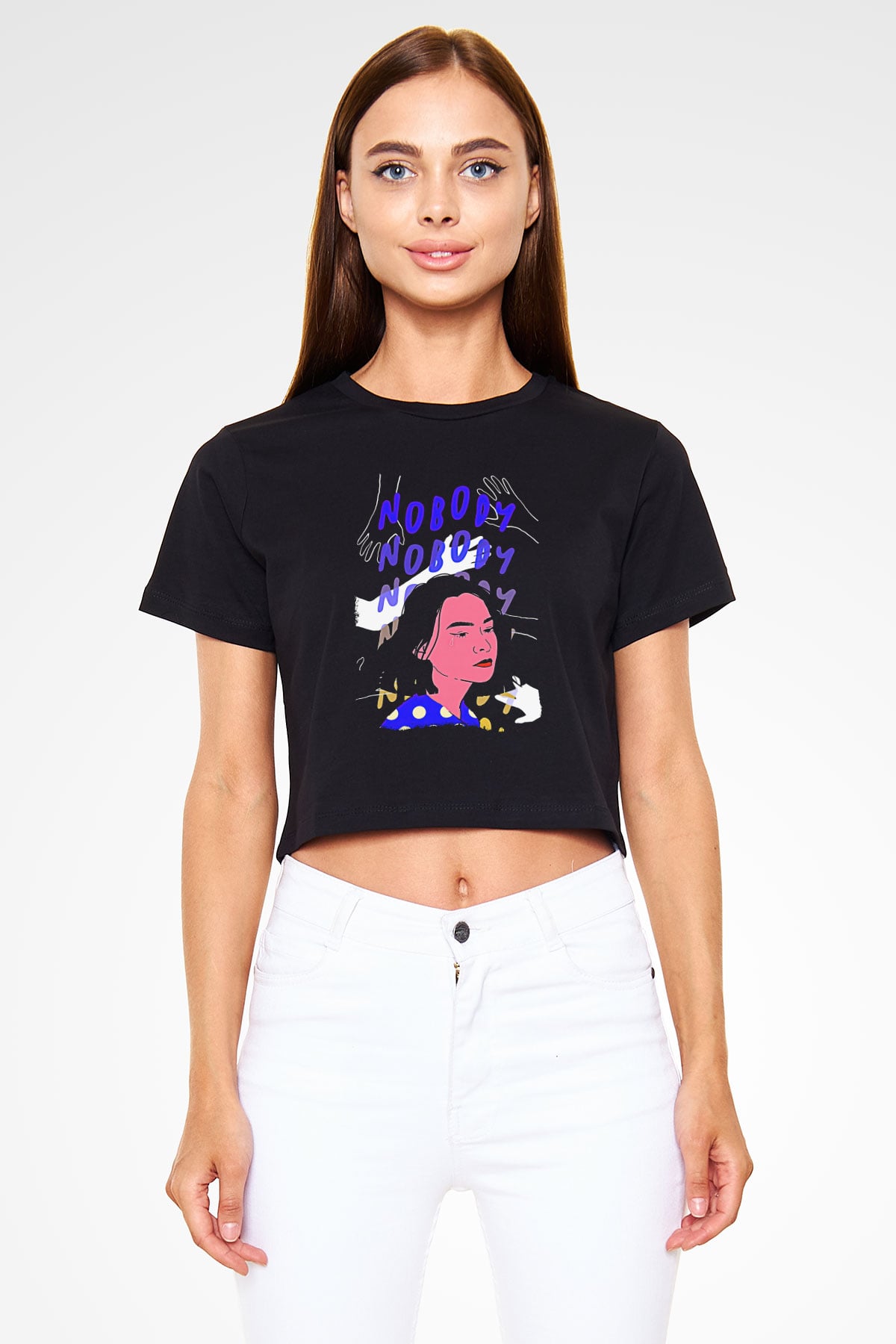 Mitski Baskılı Baskılı Siyah Crop Top Kadın Tişört - Tshirt