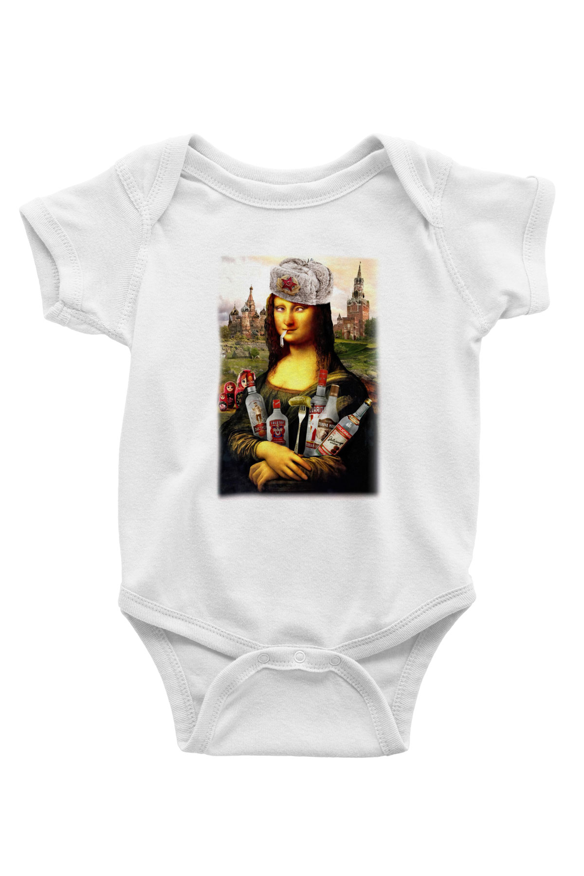 Mona Lisa Baskılı Beyaz Unisex Bebek Body - Zıbın