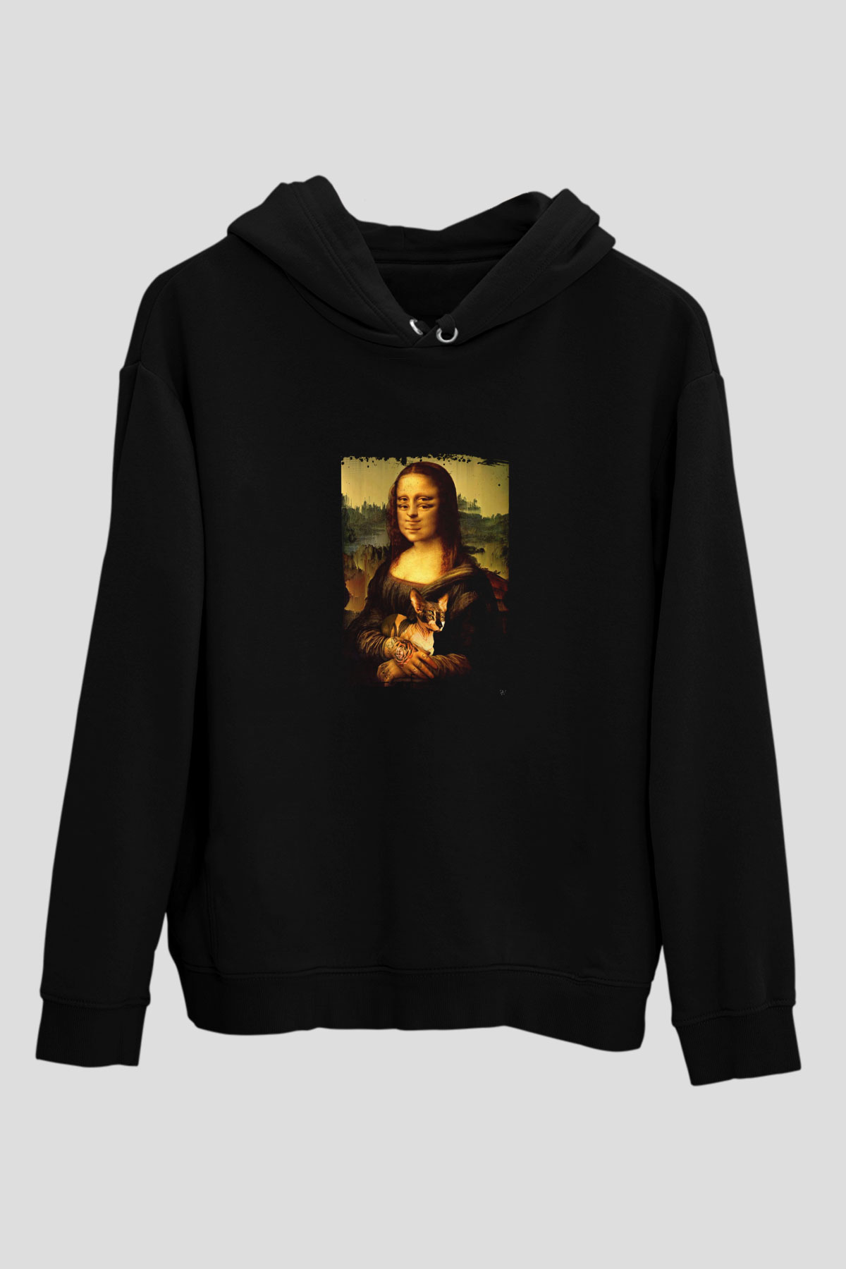Mona Lisa Baskılı Unisex Siyah Hoodie