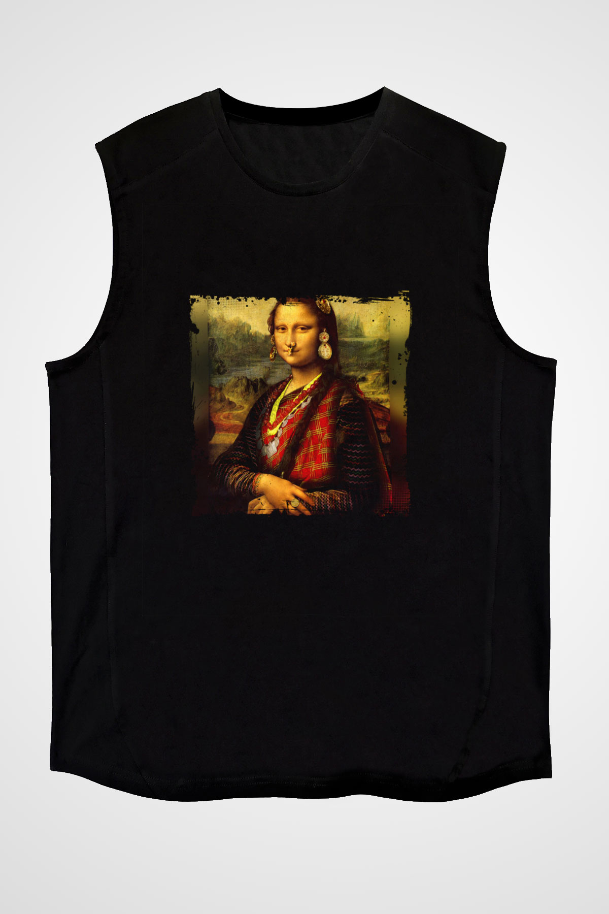 Mona Lisa Baskılı Unisex Siyah Kolsuz Tişört