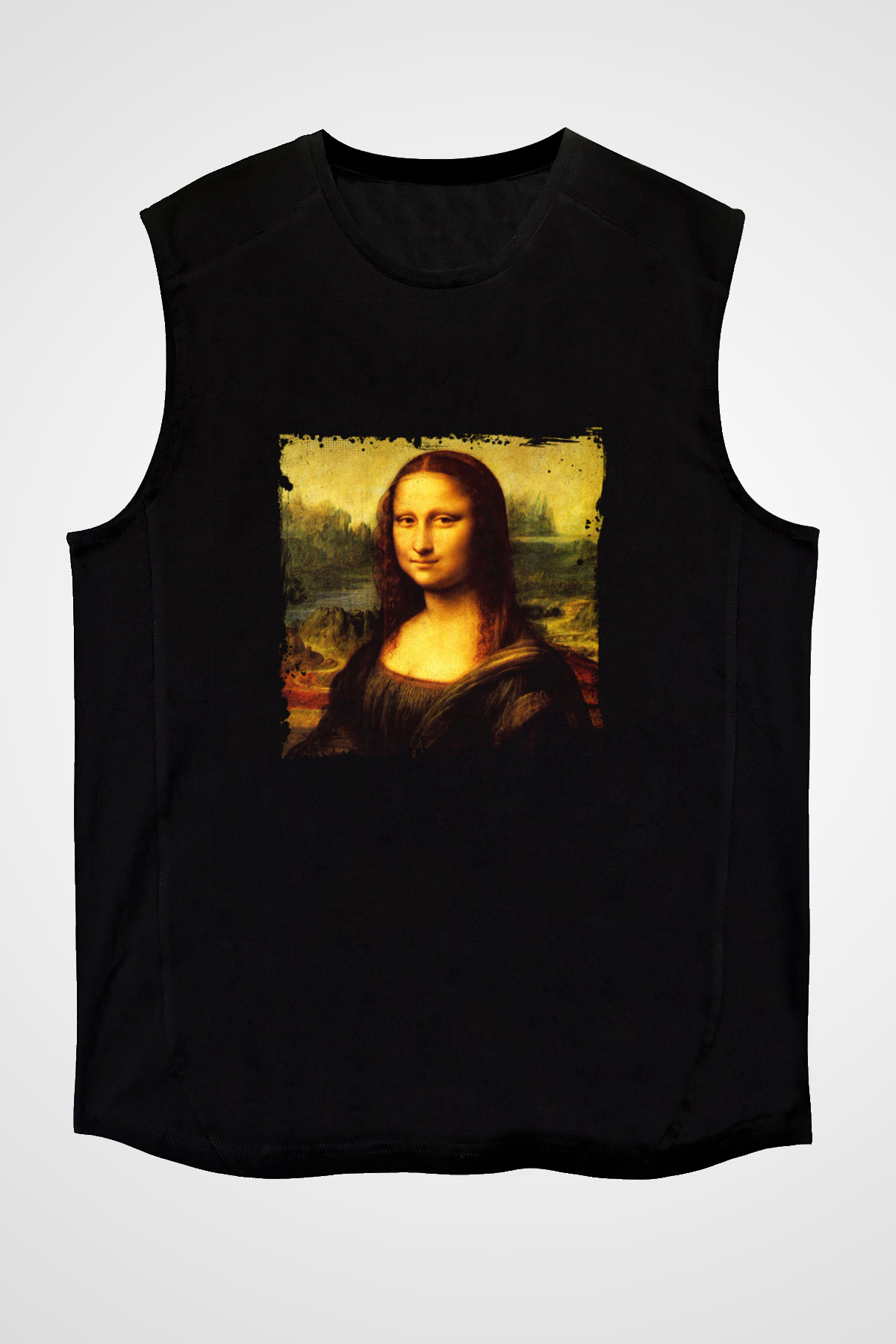 Mona Lisa Baskılı Unisex Siyah Kolsuz Tişört
