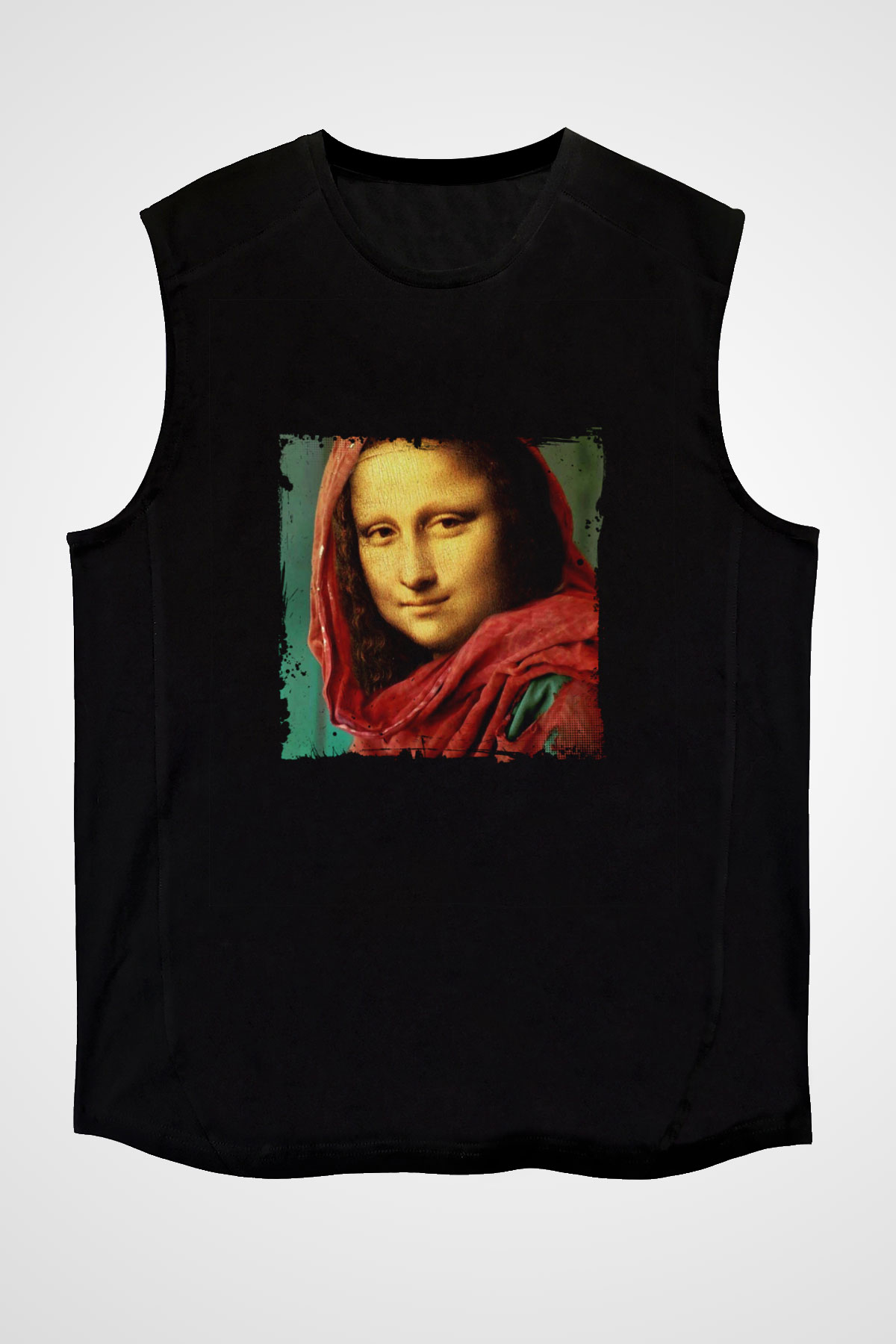 Mona Lisa Baskılı Unisex Siyah Kolsuz Tişört