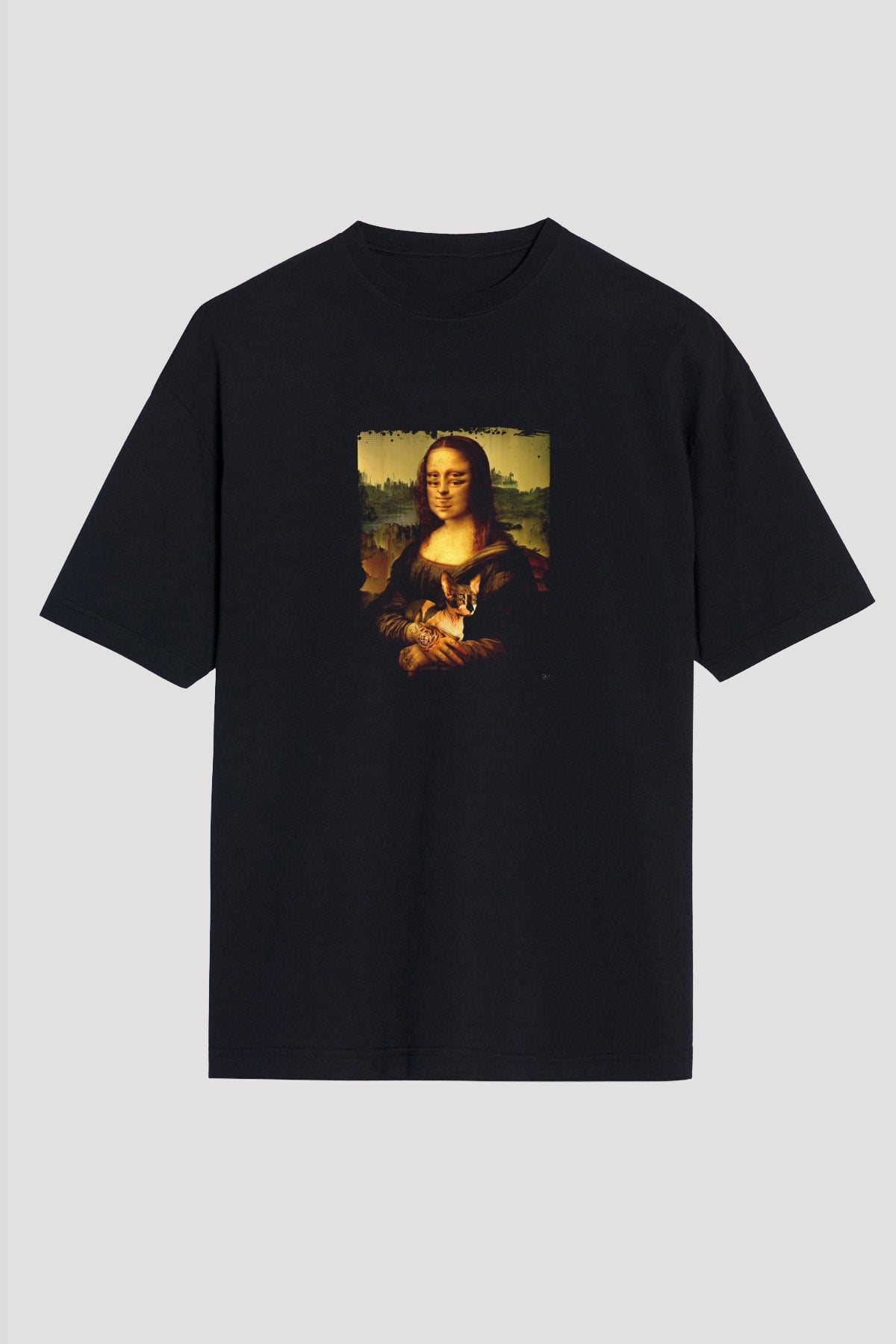 Mona Lisa Baskılı Unisex Siyah Oversize Tişört