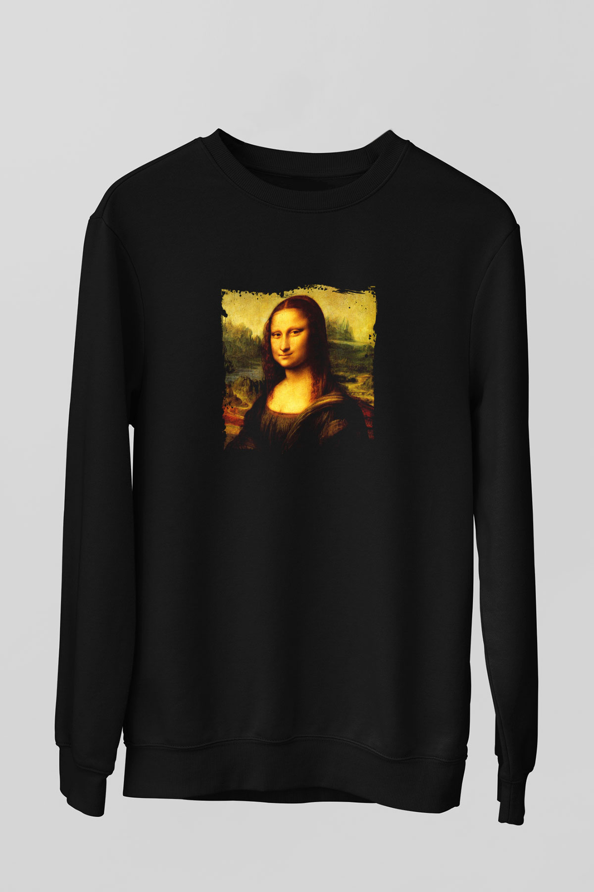 Mona Lisa Baskılı Unisex Siyah Sweatshirt