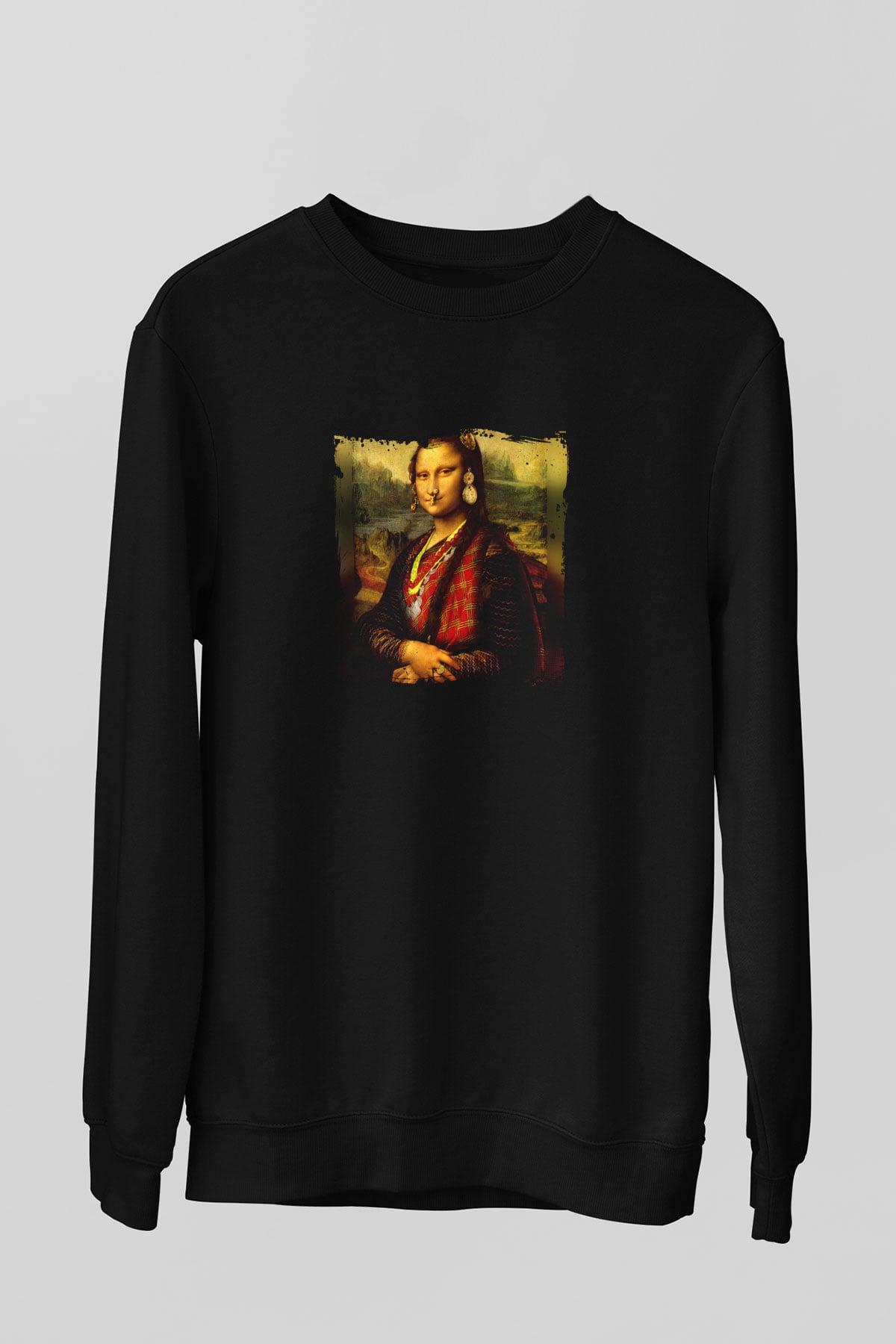 Mona Lisa Baskılı Unisex Siyah Sweatshirt