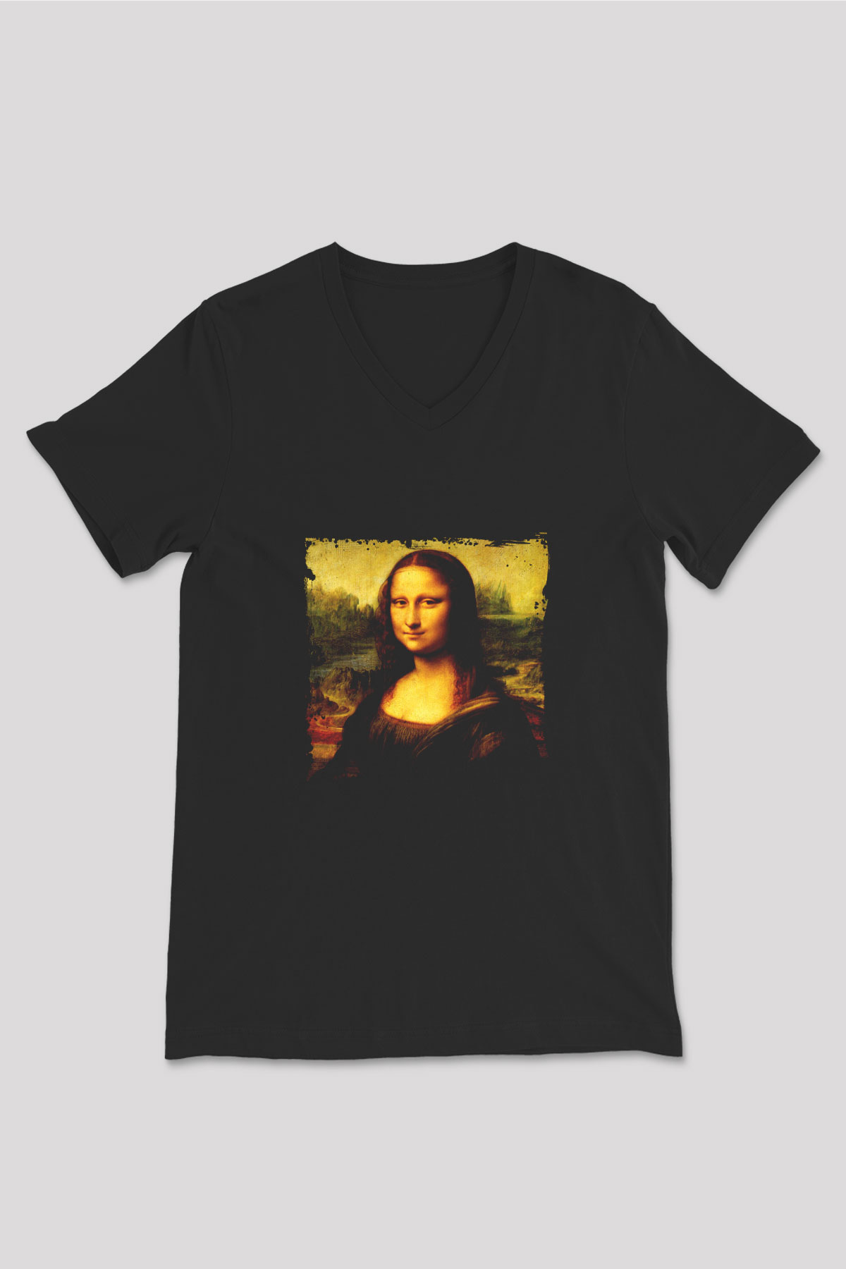 Mona Lisa Baskılı Unisex Siyah V Yaka Tişört