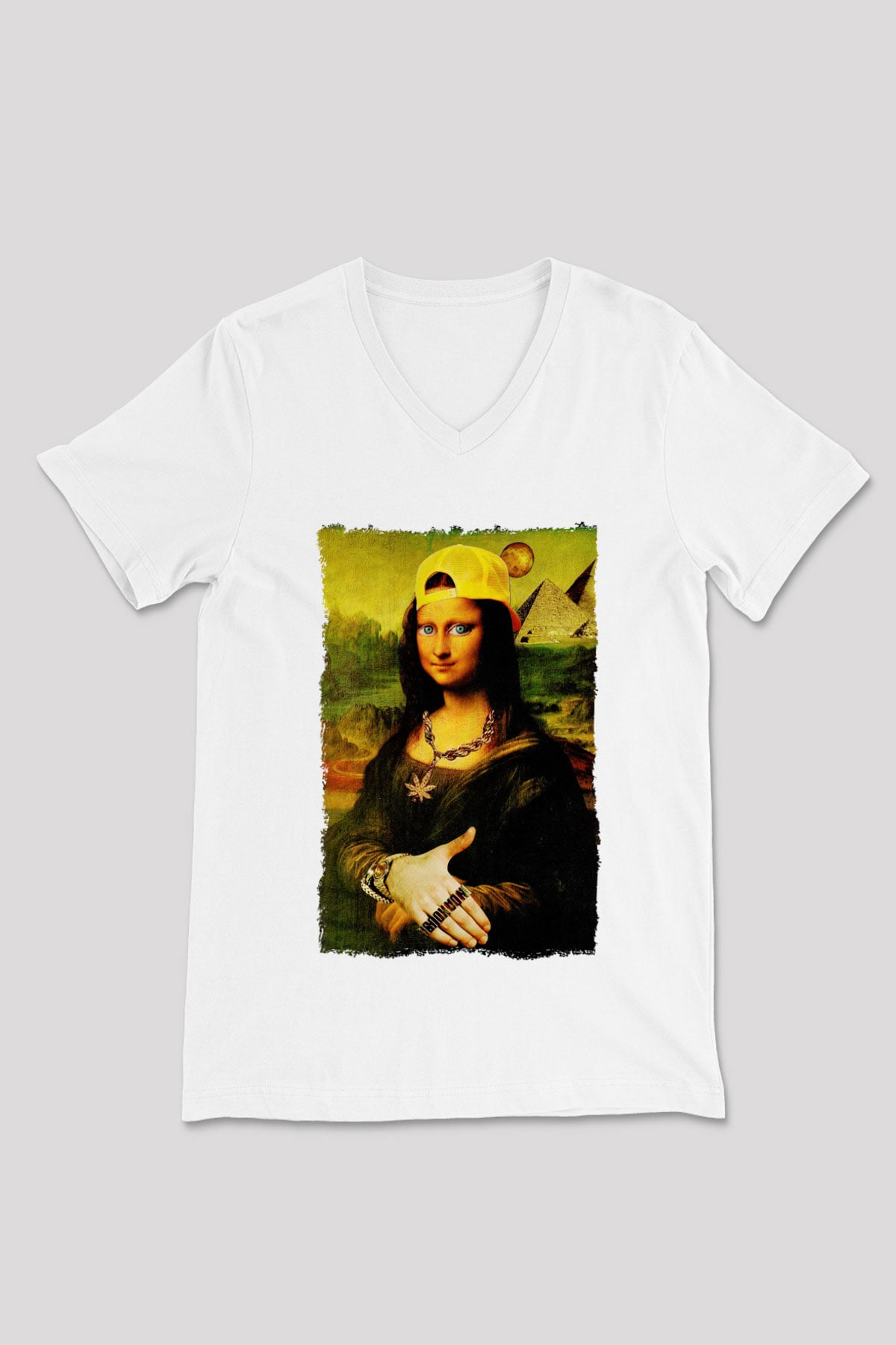 Mona Lisa Beyaz Unisex V Yaka Tişört