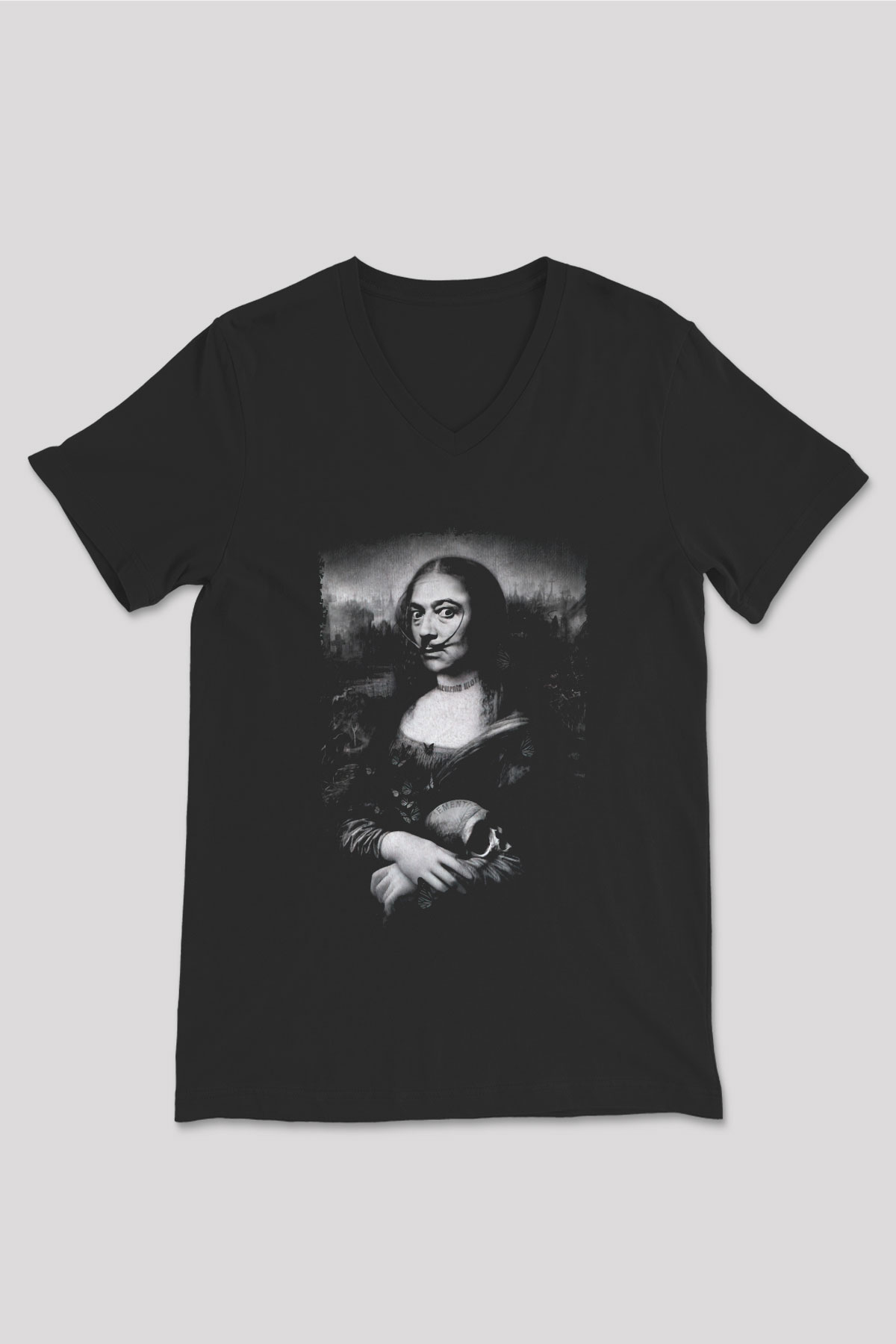 Mona Lisa Siyah Unisex V Yaka Tişört