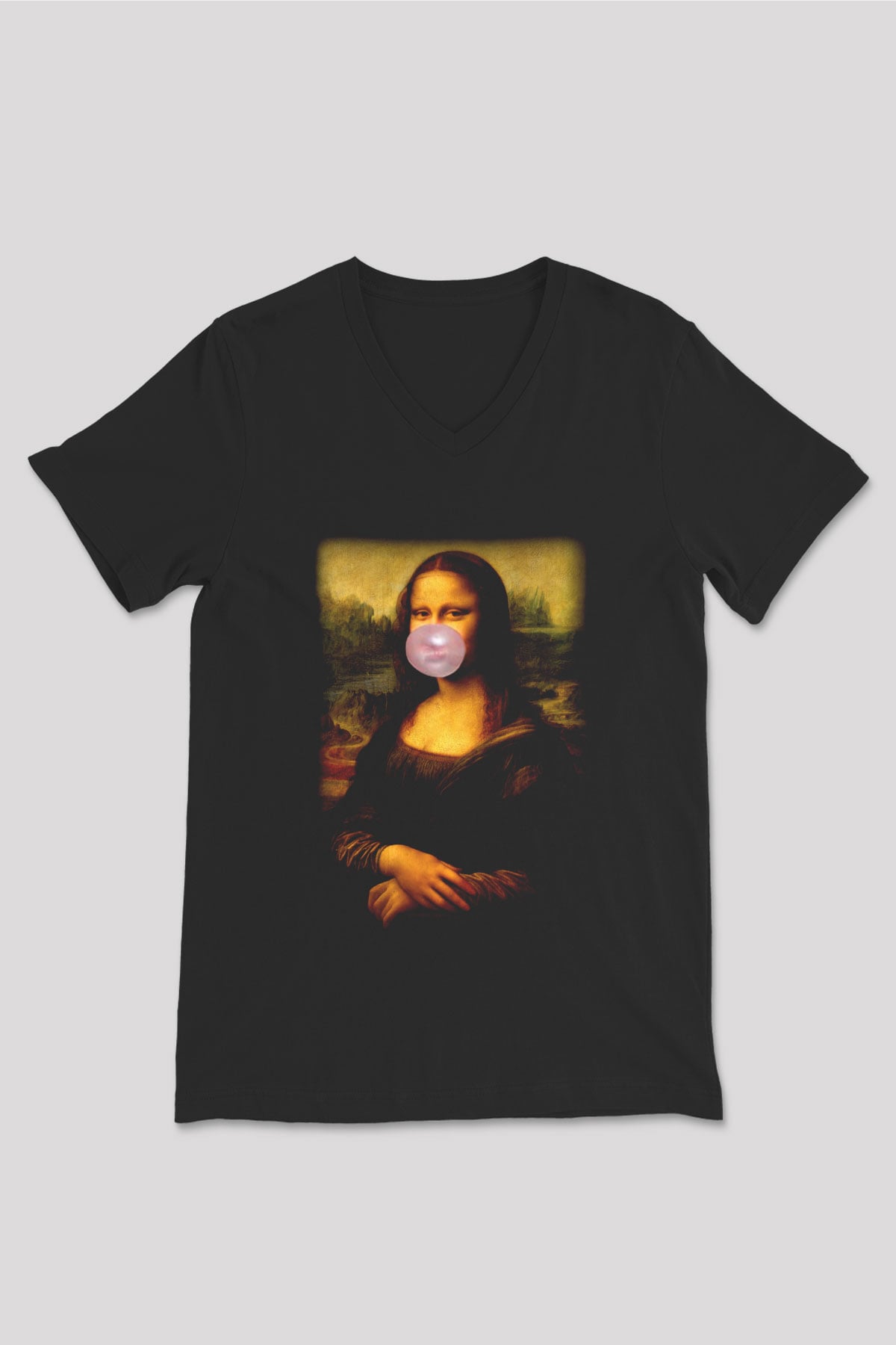 Mona Lisa Siyah Unisex V Yaka Tişört T-Shirt
