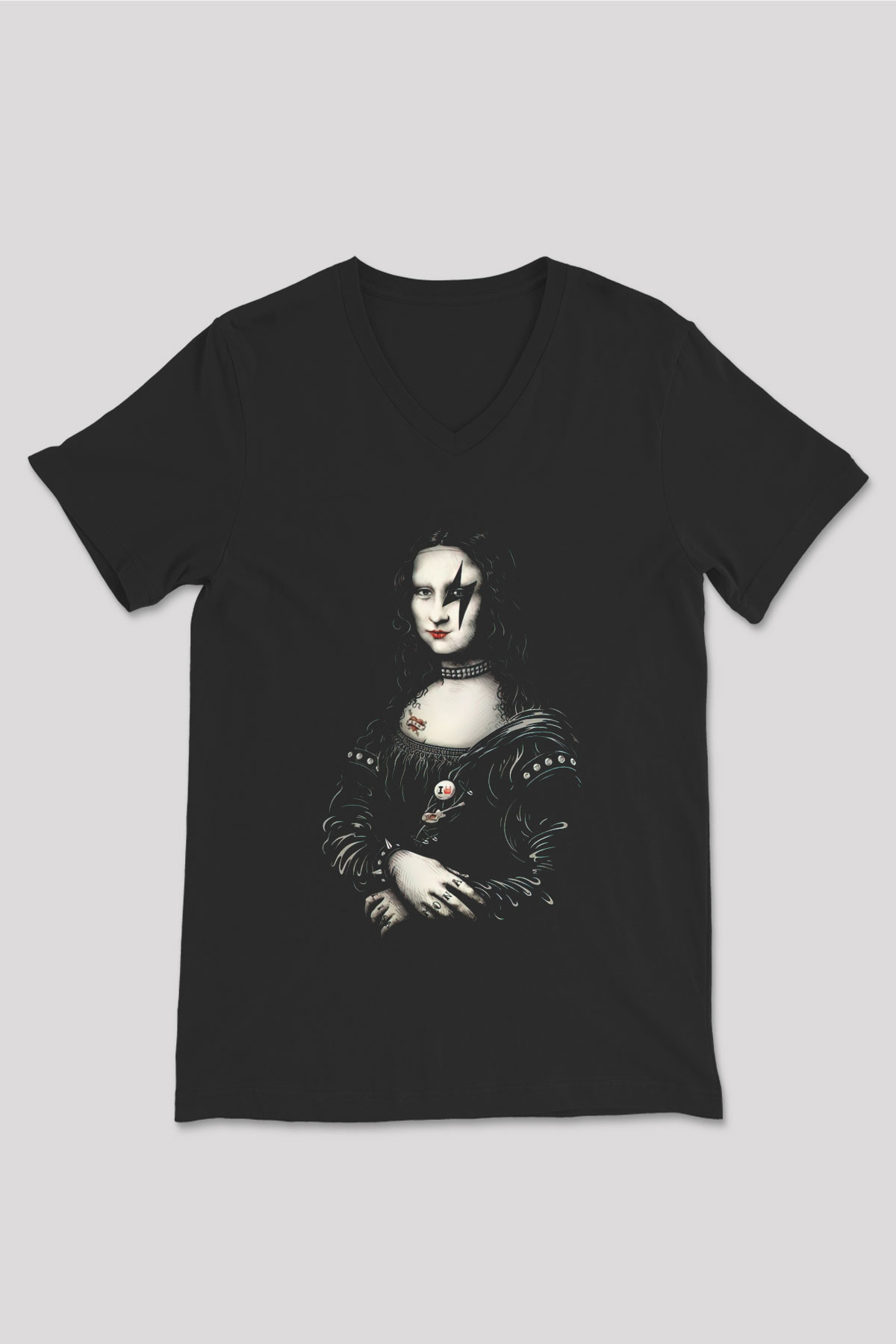 Mona Lisa Siyah Unisex V Yaka Tişört T-Shirt