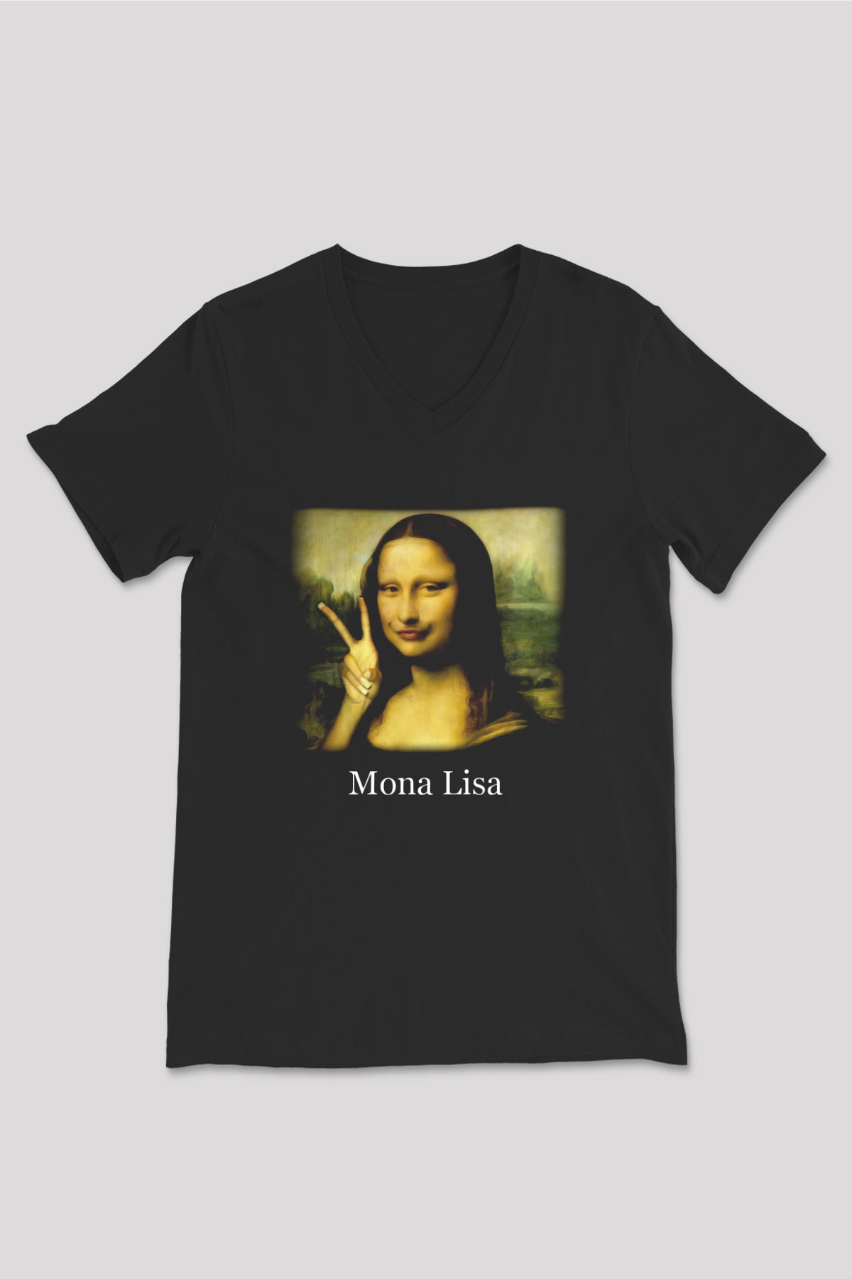Mona Lisa Siyah Unisex V Yaka Tişört T-Shirt