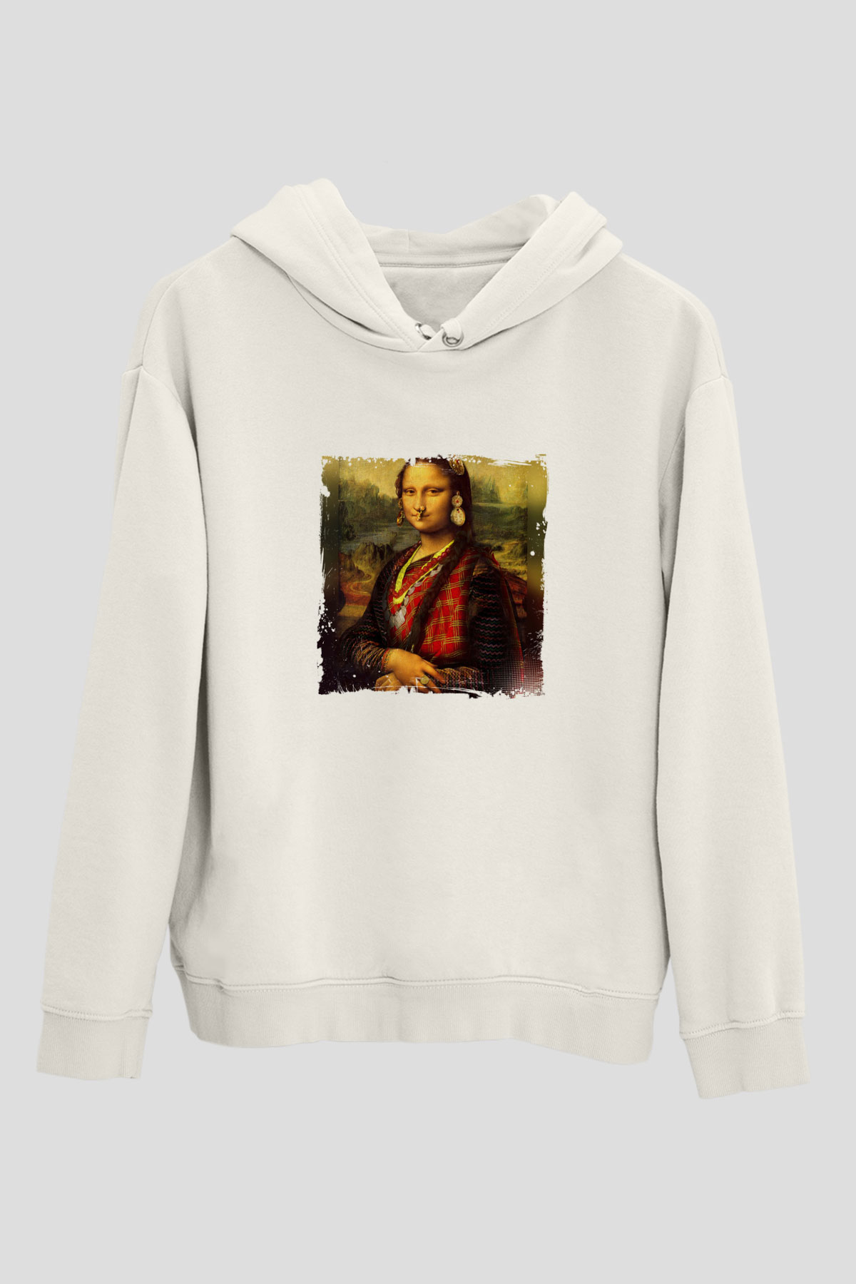 Mona Lisa Unisex Baskılı Beyaz Kapüşonlu Sweatshirt