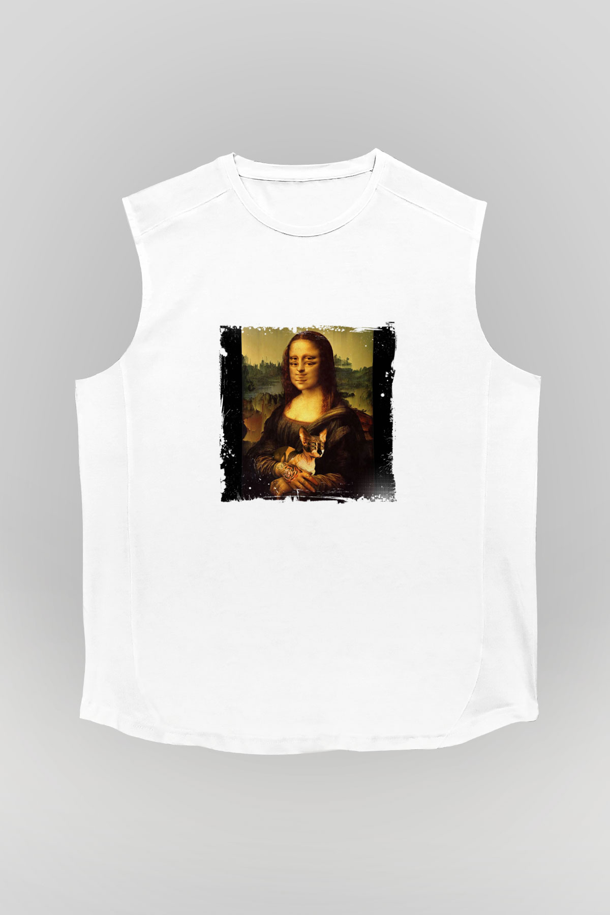 Mona Lisa Unisex Baskılı Beyaz Kolsuz Tişört