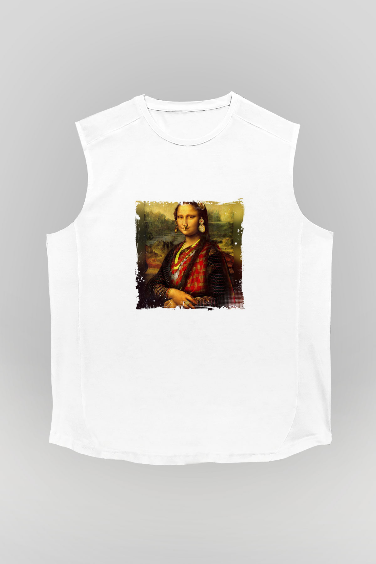Mona Lisa Unisex Baskılı Beyaz Kolsuz Tişört