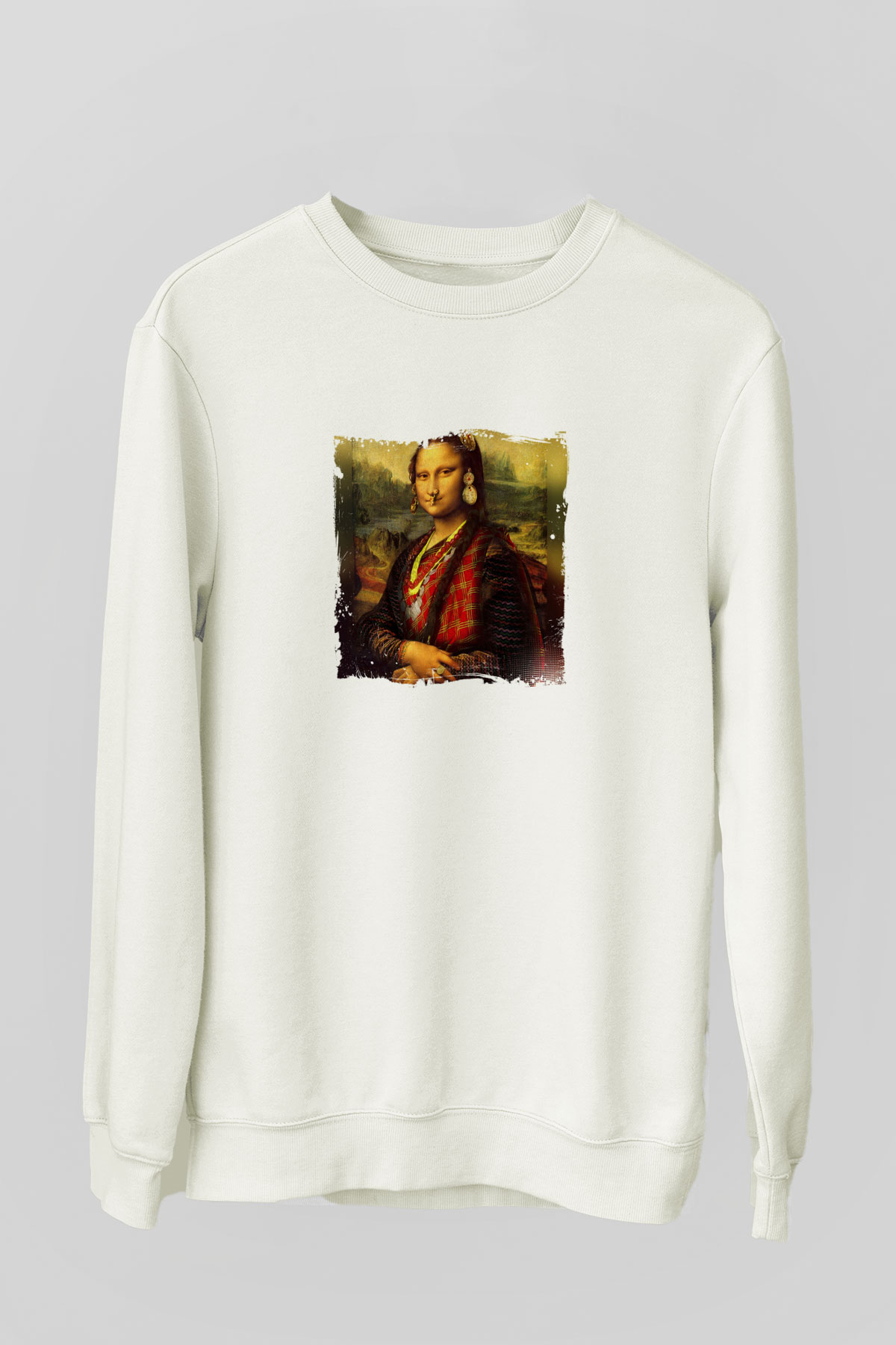 Mona Lisa Unisex Baskılı Beyaz Sweatshirt