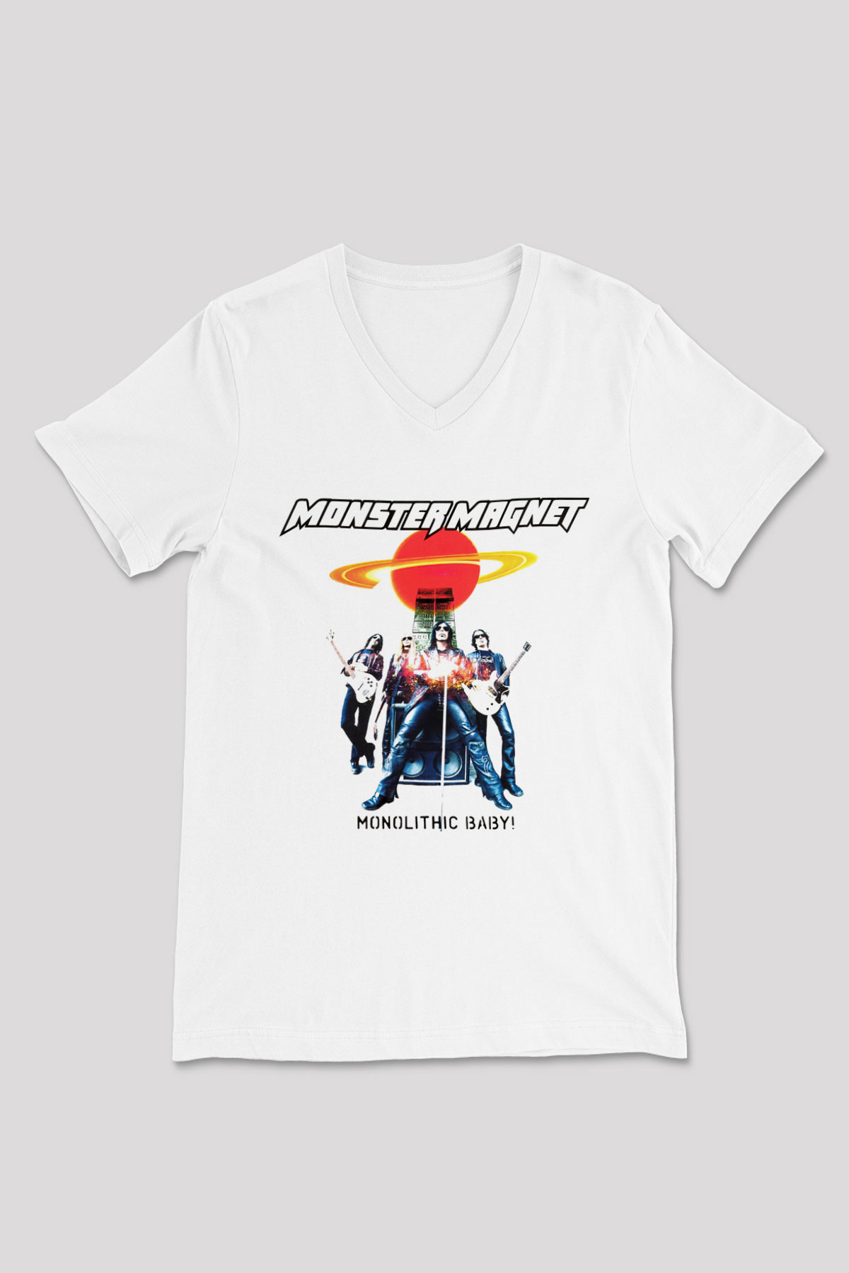 Monster Magnet Beyaz Unisex V Yaka Tişört T-Shirt