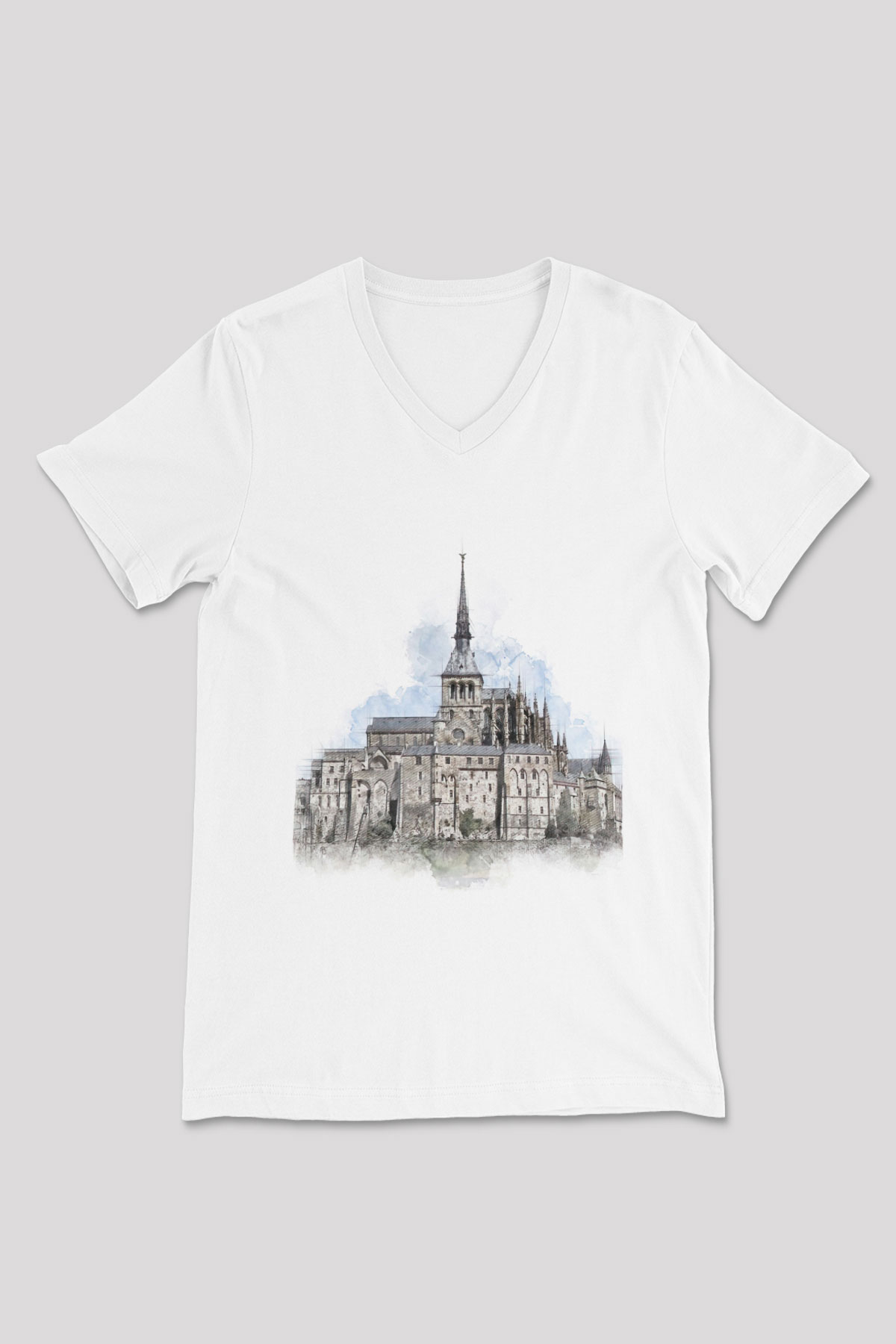 Mont Saint-Michel Beyaz Unisex V Yaka Tişört