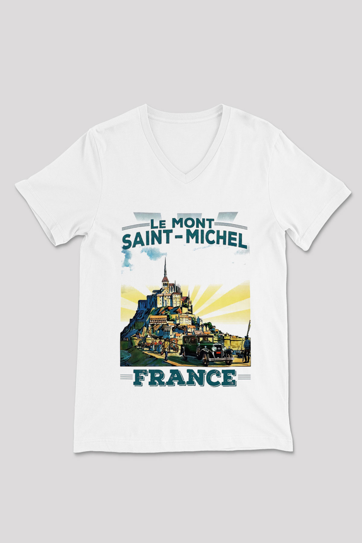 Mont Saint-Michel Beyaz Unisex V Yaka Tişört T-Shirt