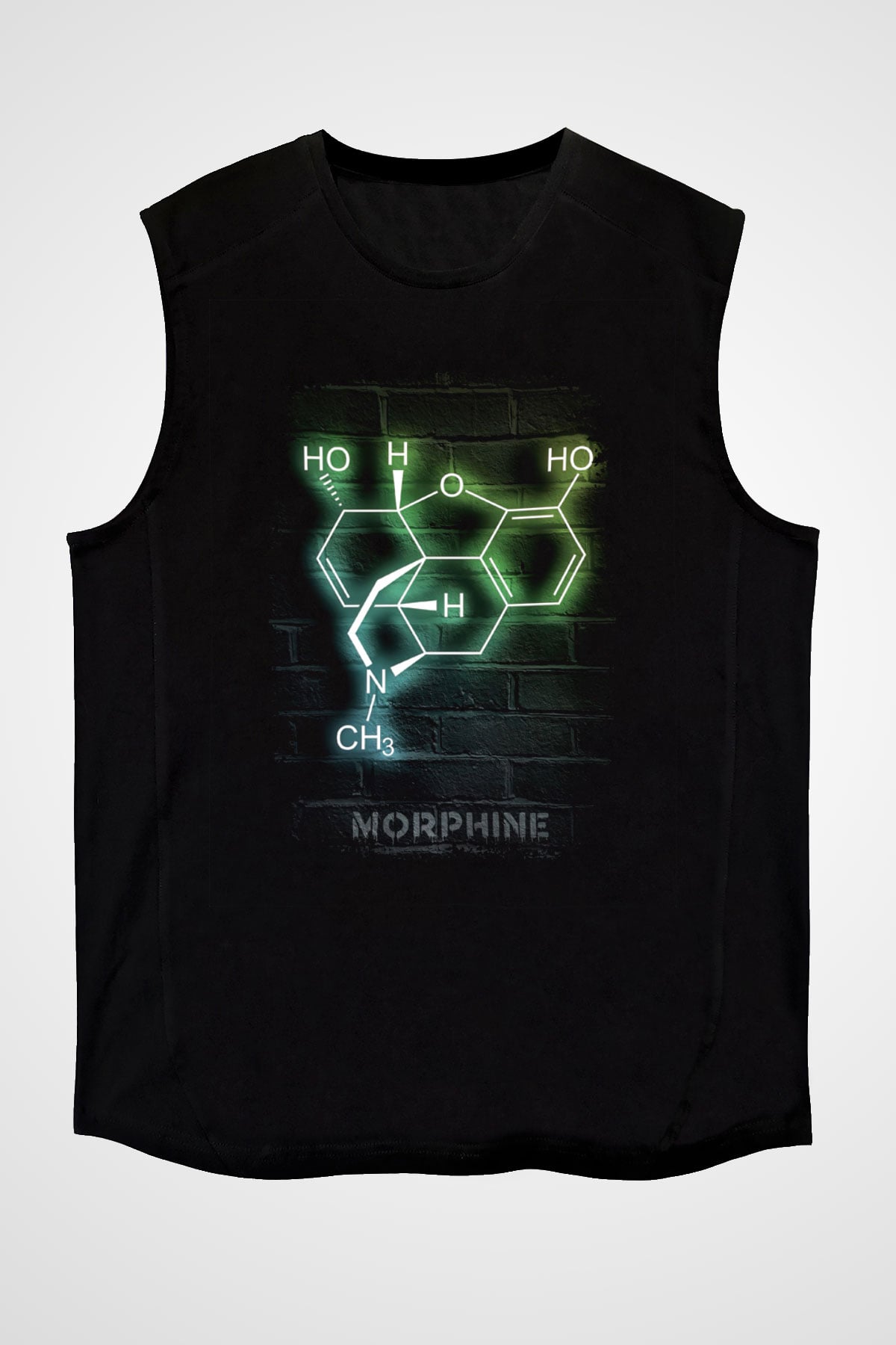 Morfin Molekülü Neon Baskılı Unisex Kolsuz Siyah Tişört - Tshirt
