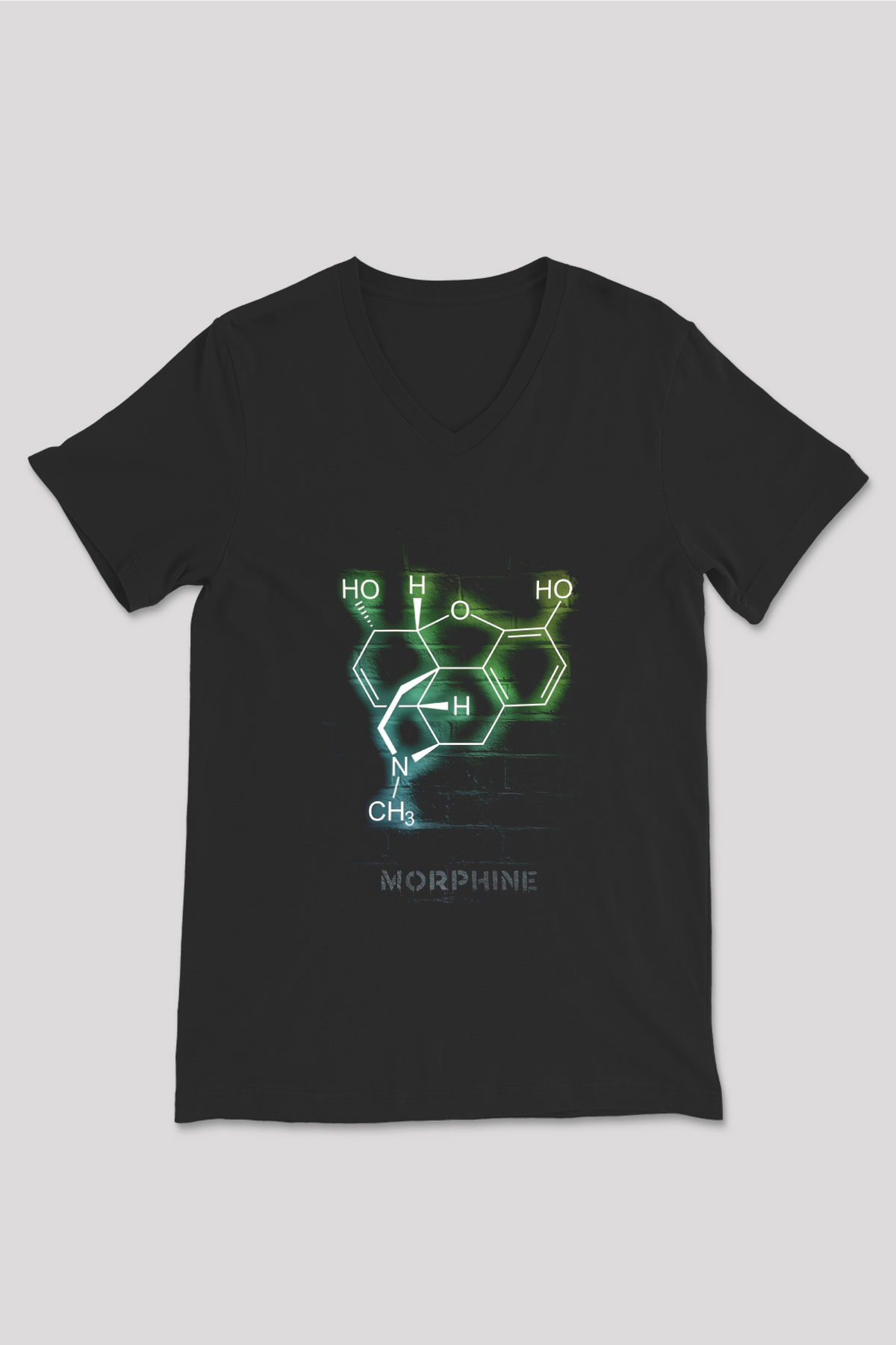 Morfin Molekülü Neon Baskılı Unisex V Yaka Siyah Tİşört - Tshirt