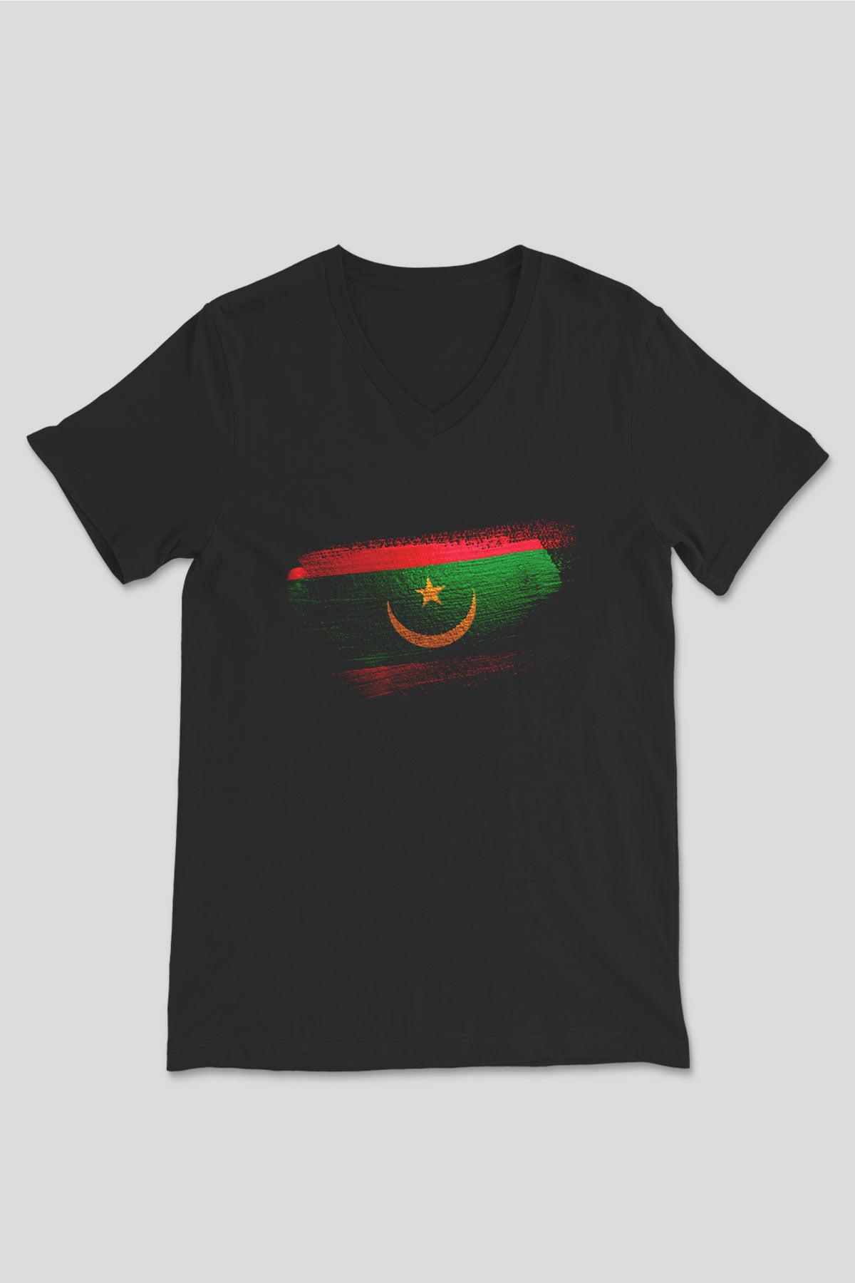 Moritanya - Mauritania Bayrağı Baskılı Unisex Siyah V Yaka Tişört