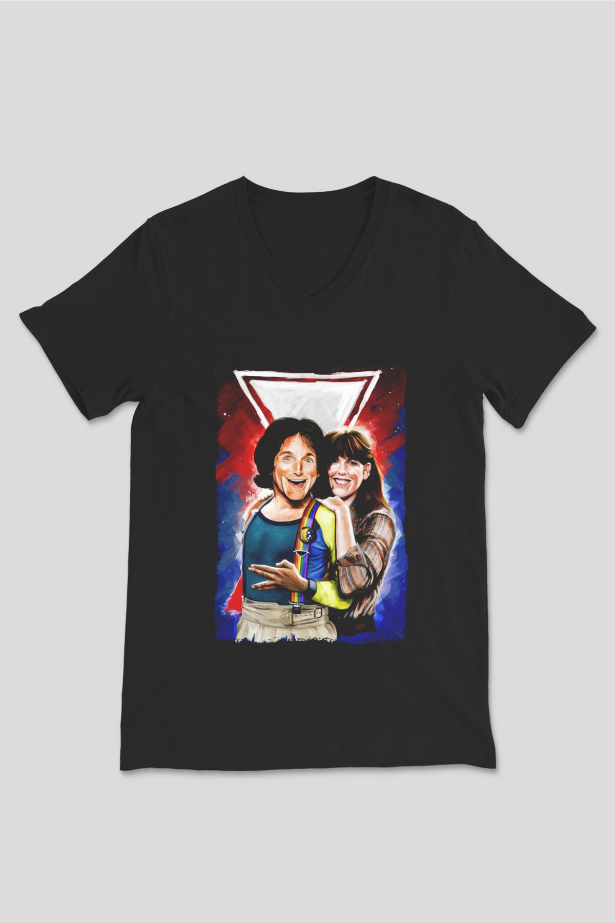 Mork and Mindy Siyah Unisex  V Yaka Tişört