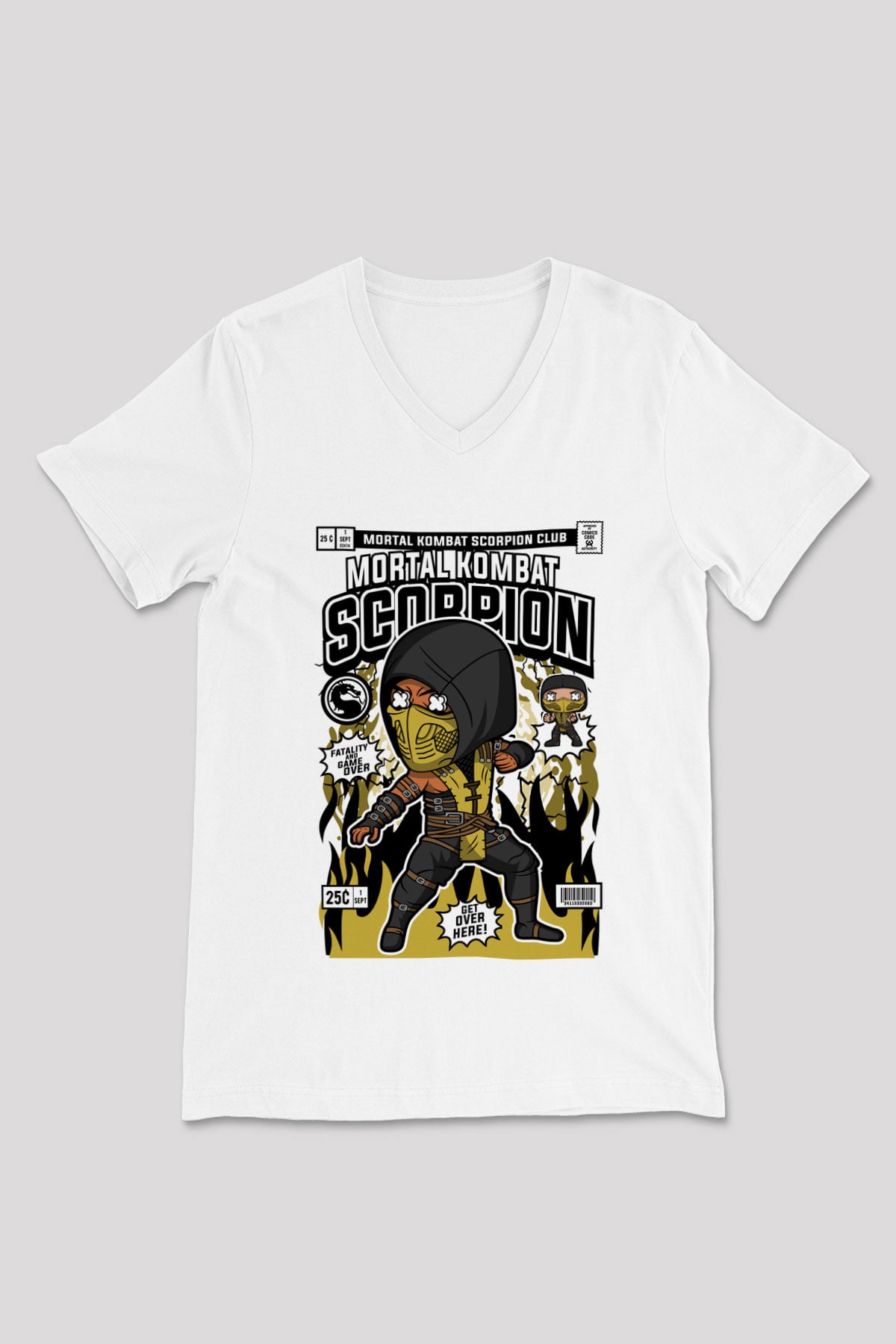 Mortal Kombat Scorpion Baskılı Unisex Beyaz V Yaka Tişört