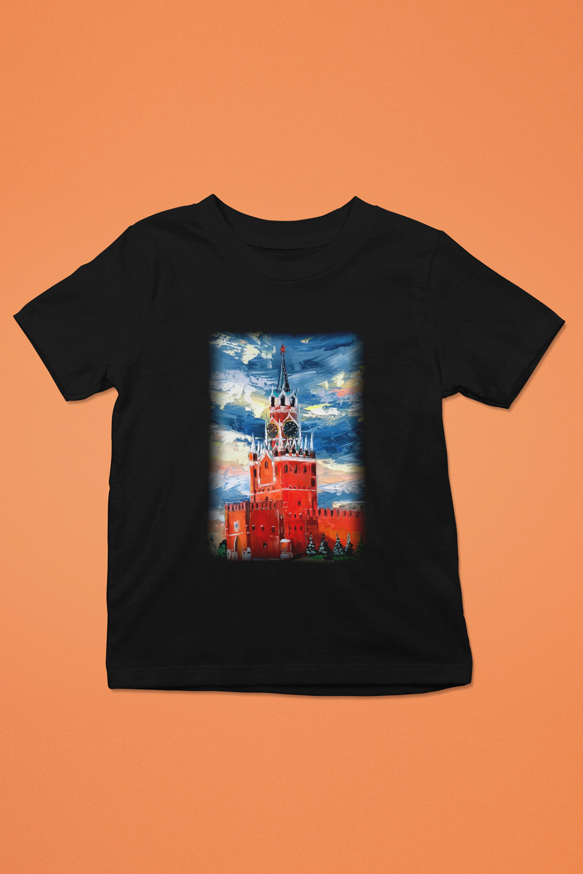 Moskova Kremlini Baskılı Siyah Unisex Çocuk Tişört