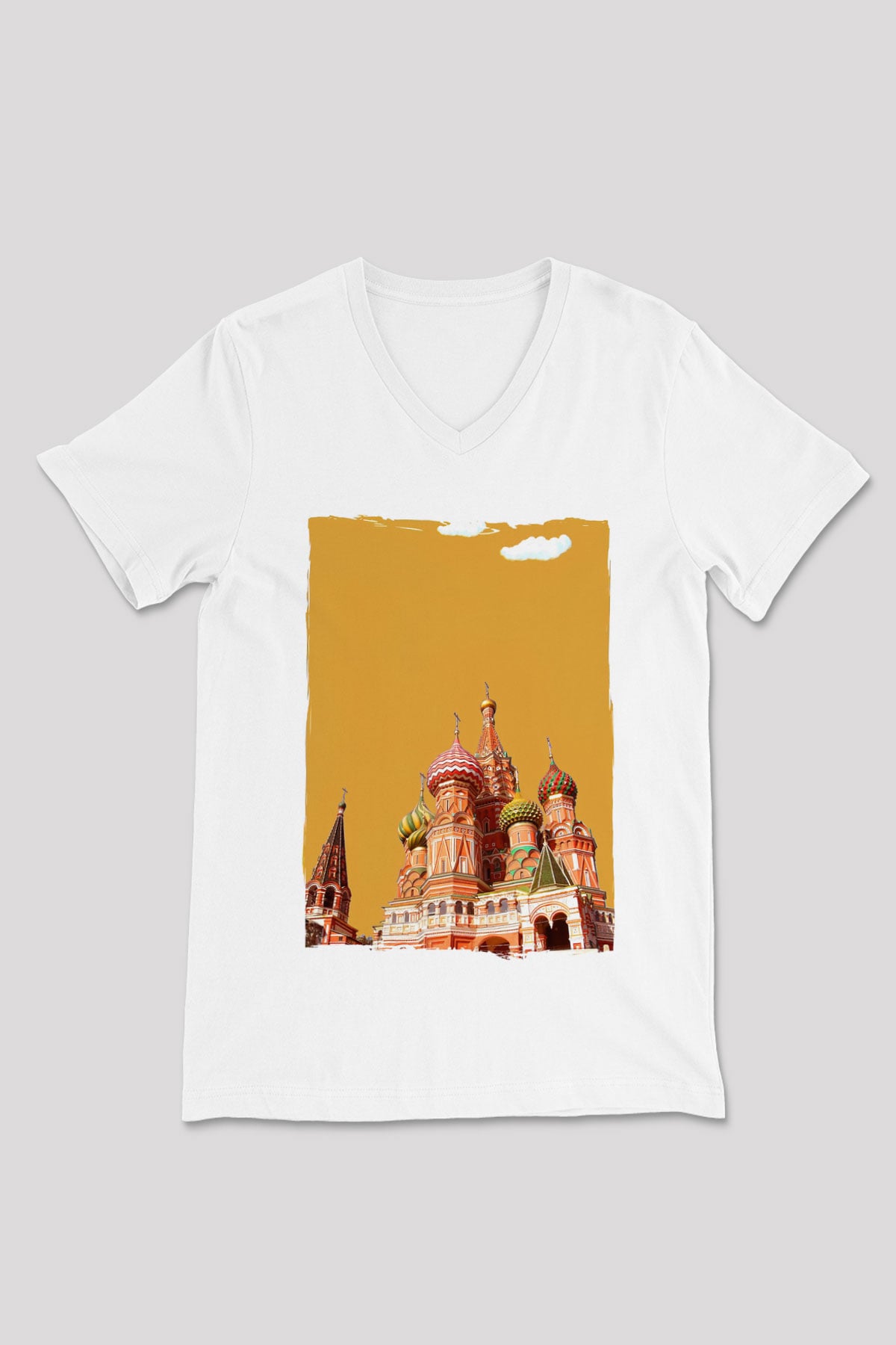Moskova Kremlini Beyaz Unisex V Yaka Tişört